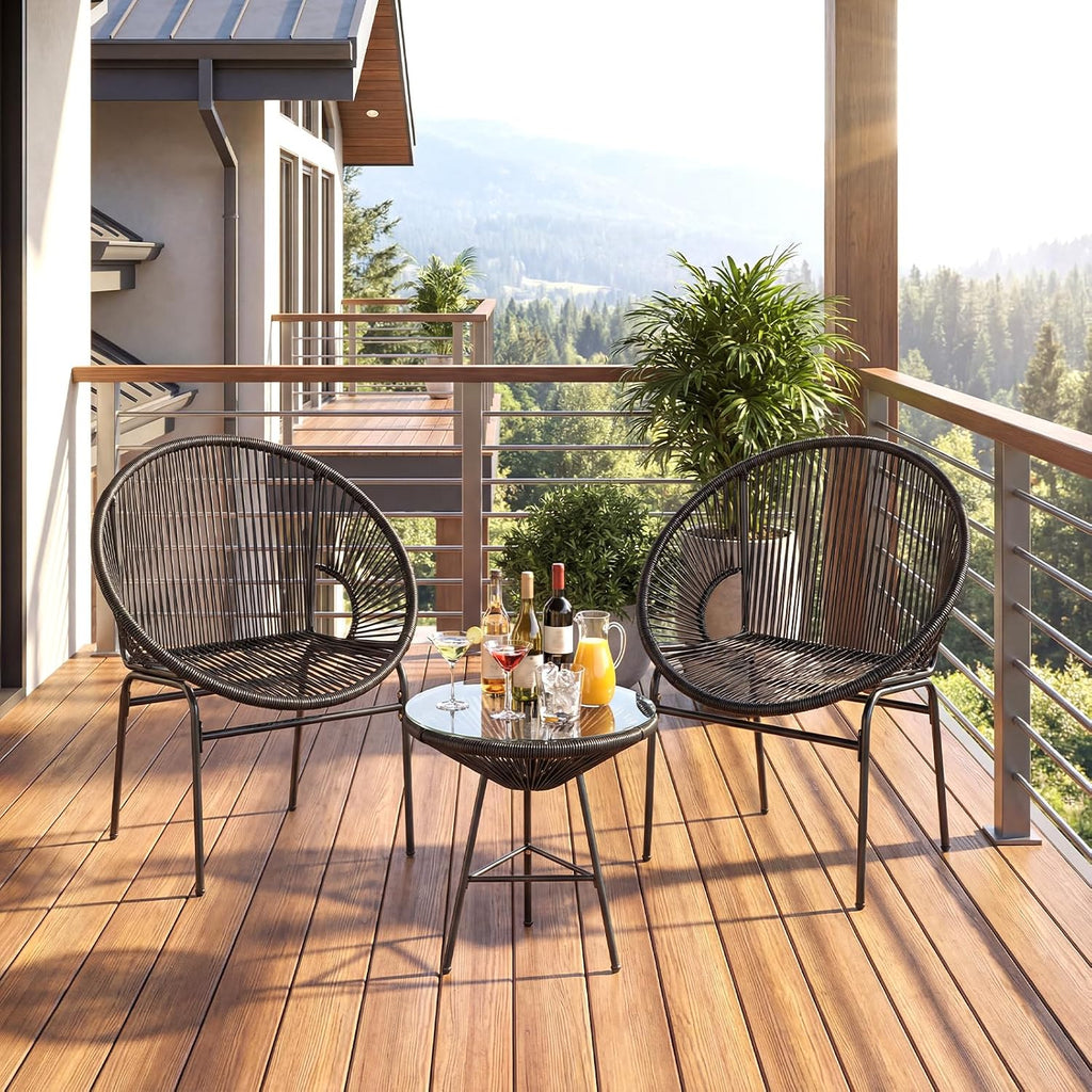 Tangkula 3 Piece Outdoor Patio Furniture Set, Acapulco Chair Set w/Plastic Rope, Tempered Glass Table, All Weather Patio Bistro Set for Patio, Lawn, Garden, Backyard (Black)