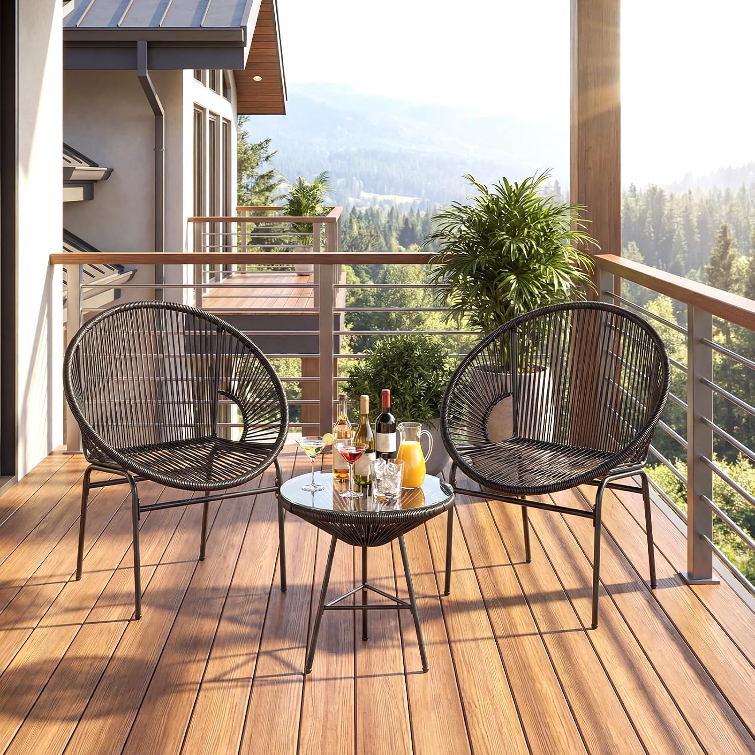 Tangkula 3 Piece Outdoor Patio Furniture Set, Acapulco Chair Set w/Plastic Rope, Tempered Glass Table, All Weather Patio Bistro Set for Patio, Lawn, Garden, Backyard (Black)