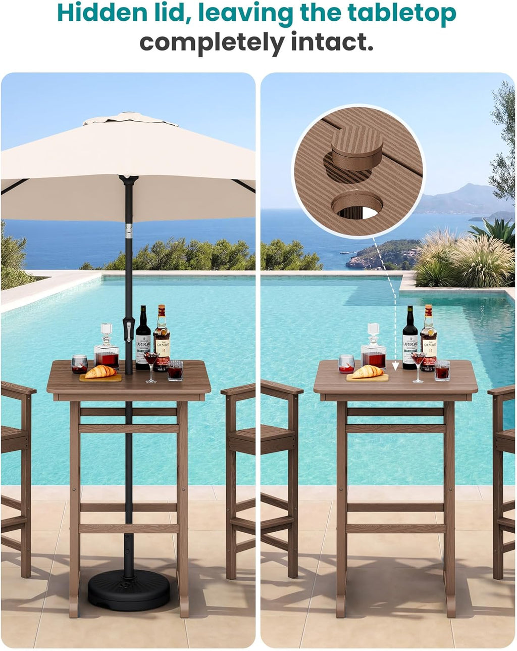 SERWALL 5 Pieces Adirondack Bar Chairs Set with Bar Table, HDPE Outdoor Barstool Set, Brown