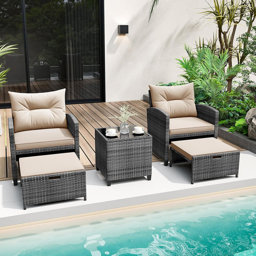 KOTEK 5 Pieces Patio Furniture Set with Ottomans, Wicker Patio Conversation Set with Coffee Table & Cushions, PE Rattan Outdoor Lounge Chairs for Backyard, Porch, Poolside (Mix Grey- Beige)