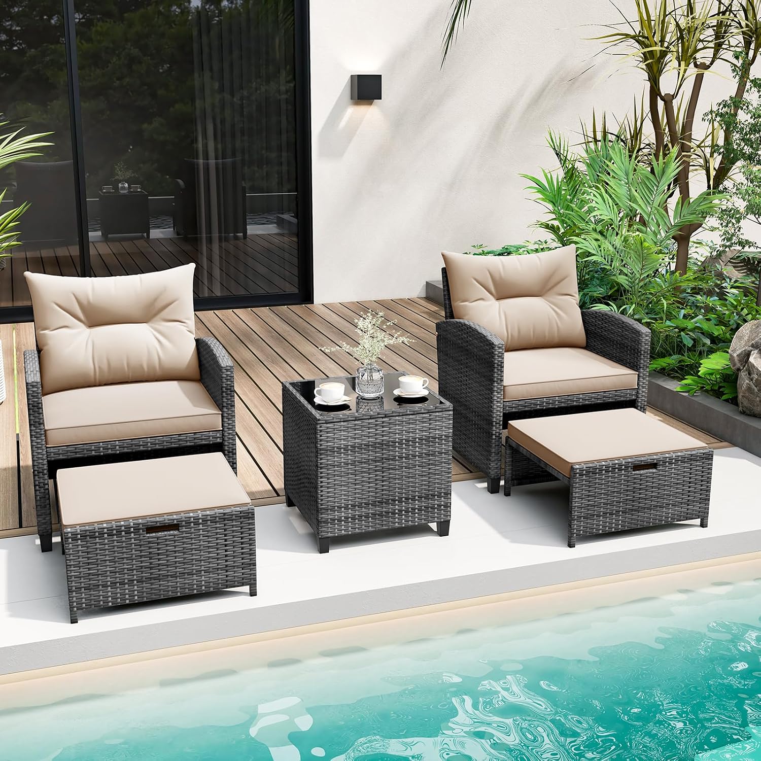 KOTEK 5 Pieces Patio Furniture Set with Ottomans, Wicker Patio Conversation Set with Coffee Table & Cushions, PE Rattan Outdoor Lounge Chairs for Backyard, Porch, Poolside (Mix Grey- Beige)