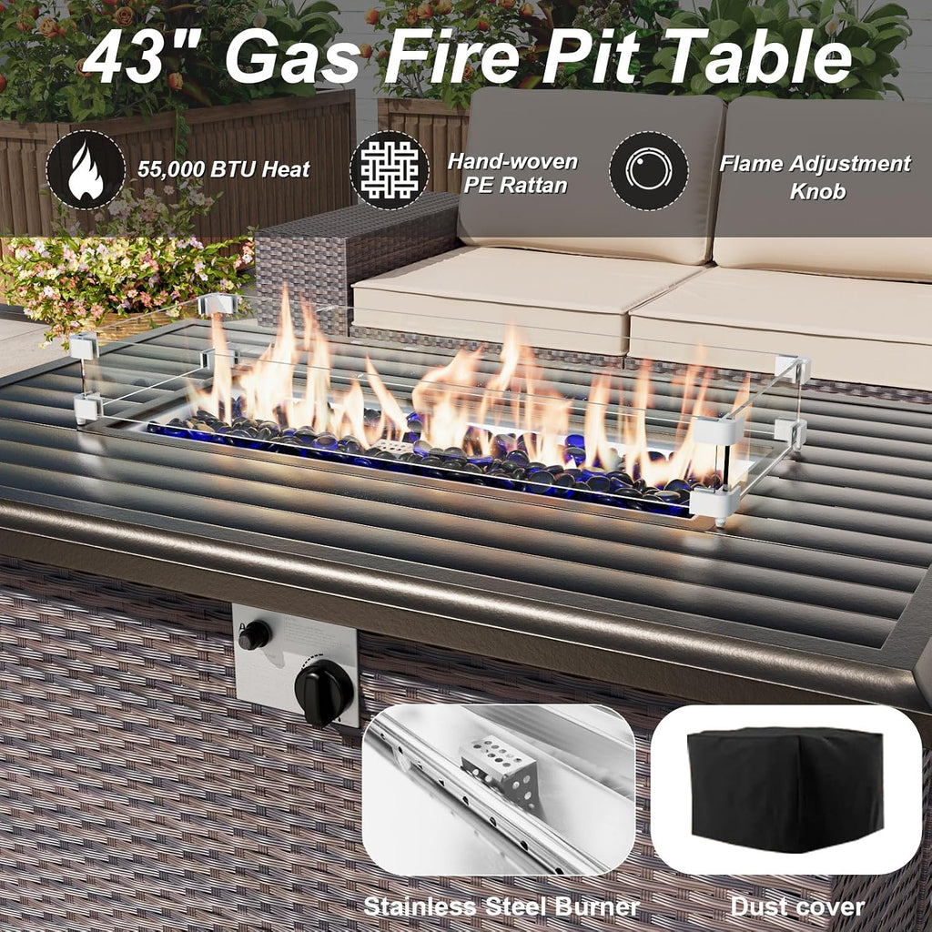 ALAULM 10 Pieces Patio Furniture Set with Propane Fire Pit Table Outdoor Sectional Sofa Sets Patio Furniture 43' Gas Fire Pit Brown PE Rattan Patio Conversation Set w/8 Seat Cushions (Grey)