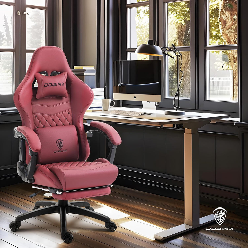 Dowinx Big & Tall Vintage Gaming Chair for Adults, 400 lb Capacity Heavy Duty Ergonomic Computer Chair with Massage Lumbar, Footrest & Easy Side Recline, Red