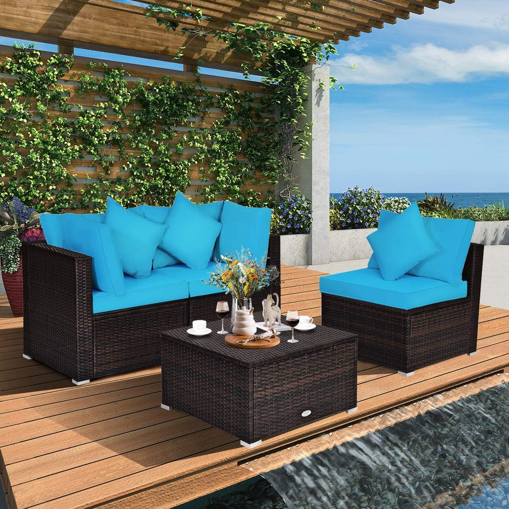 Tangkula 4 Pieces Patio Furniture Set, All Weather Outdoor Sectional Rattan Sofa Set w/Removable Cushions & Pillows, Wicker Conversation Set with Heavy-Duty Steel Frame for Backyard Garden Poolside