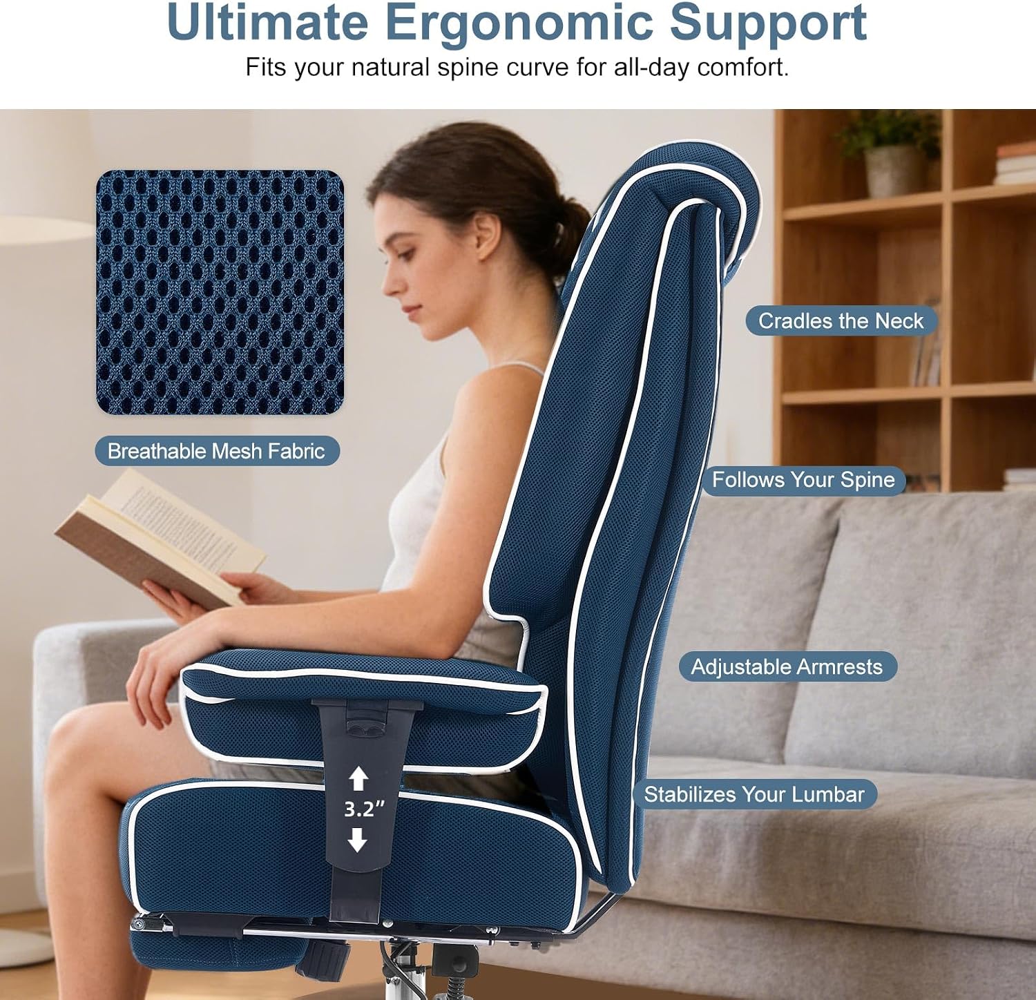 EXCEBET Big and Tall Office Chair 400lbs Wide Seat, Leather High Back Executive Office Chair with Lumbar Support, Ergonomic Chairs Padded Armrests & Thick Cushion (Mesh Blue)