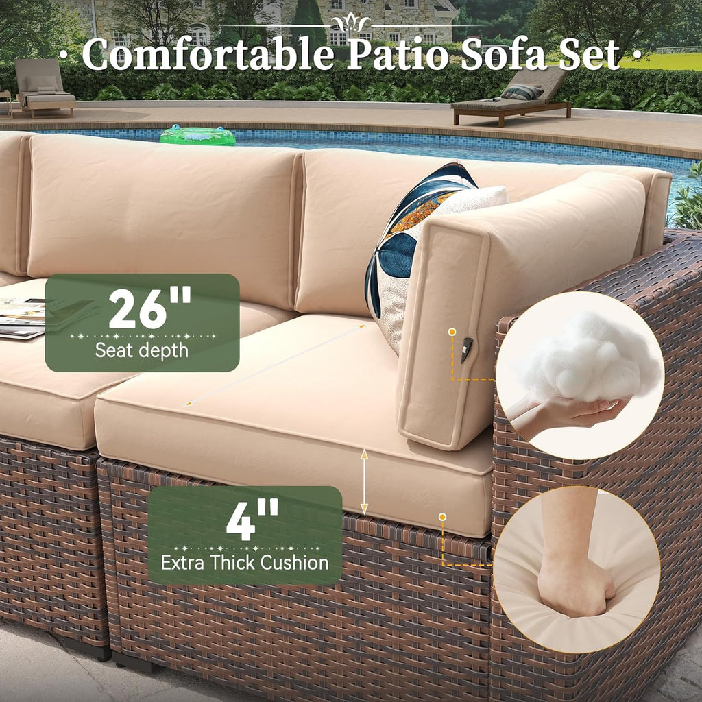 Aoxun 10 Piece Patio Furniture Set Wicker Rattan Patio Conversation Set Outdoor Sectional Sofa Set with Coffee Table and 4' Thickened Cushions, Beige(Waterproof Cover Included)