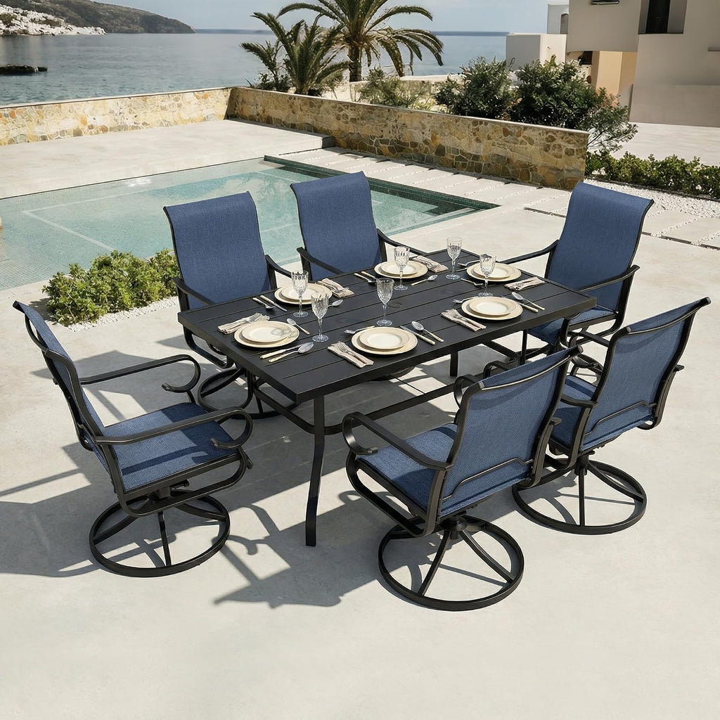 NUU GARDEN 7PCS Outdoor Dining Set with Umbrella Hole, Patio Table and Chair Set, Outdoor Dining Table and Swivel Chairs with High Backrest, All-Weather Breathable Textilene Patio Dining Set, Blue