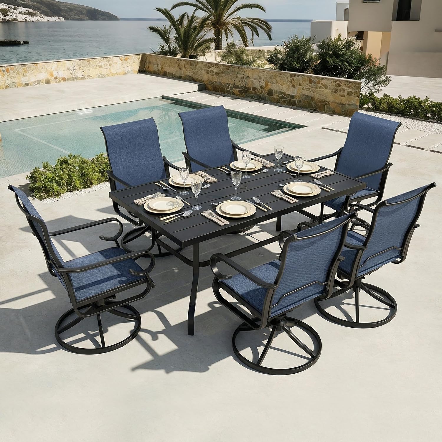 NUU GARDEN 7PCS Outdoor Dining Set with Umbrella Hole, Patio Table and Chair Set, Outdoor Dining Table and Swivel Chairs with High Backrest, All-Weather Breathable Textilene Patio Dining Set, Blue