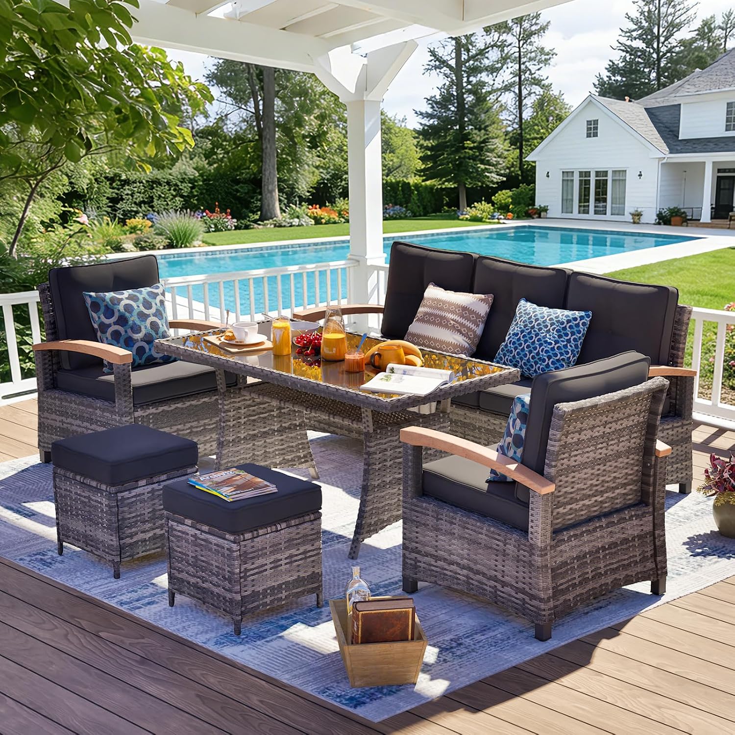 MEISSALIVVE 6 Pieces Patio Furniture Sets, PE Wicker Outdoor Conversation Sets with 2 Wood Armrests Swivel Glide Chairs, 2 Ottomans and Dining Table (Black)