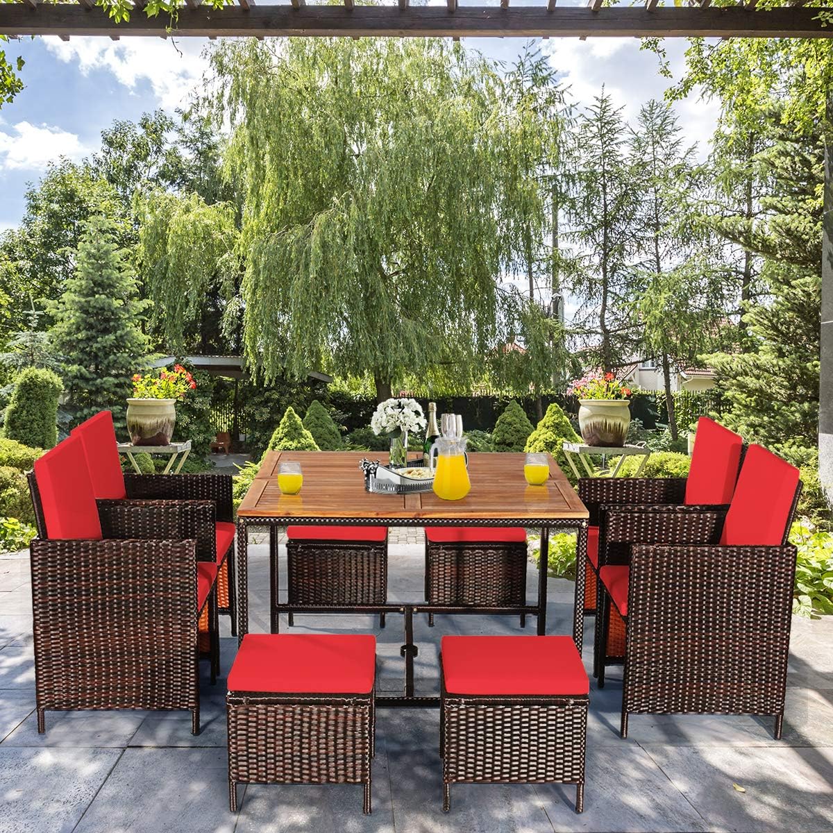 Tangkula 9 Pieces Acacia Wood Patio Dining Set, Space Saving Wicker Chairs and Wood Table with Umbrella Hole Outdoor Furniture Set, Suitable for Garden, Yard, Poolside, Outdoor Seating Set