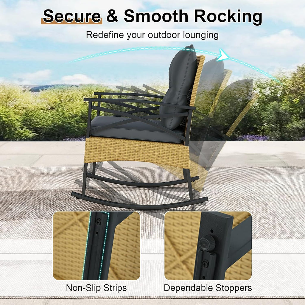 Tangkula 3 Pieces Outdoor Rocking Chairs Set, Rattan Heavy Duty Cushioned Rocker Chairs with 2-Tier Tempered Glass Coffee Table, for Garden, Balcony, Backyard (Yellow+Gray)