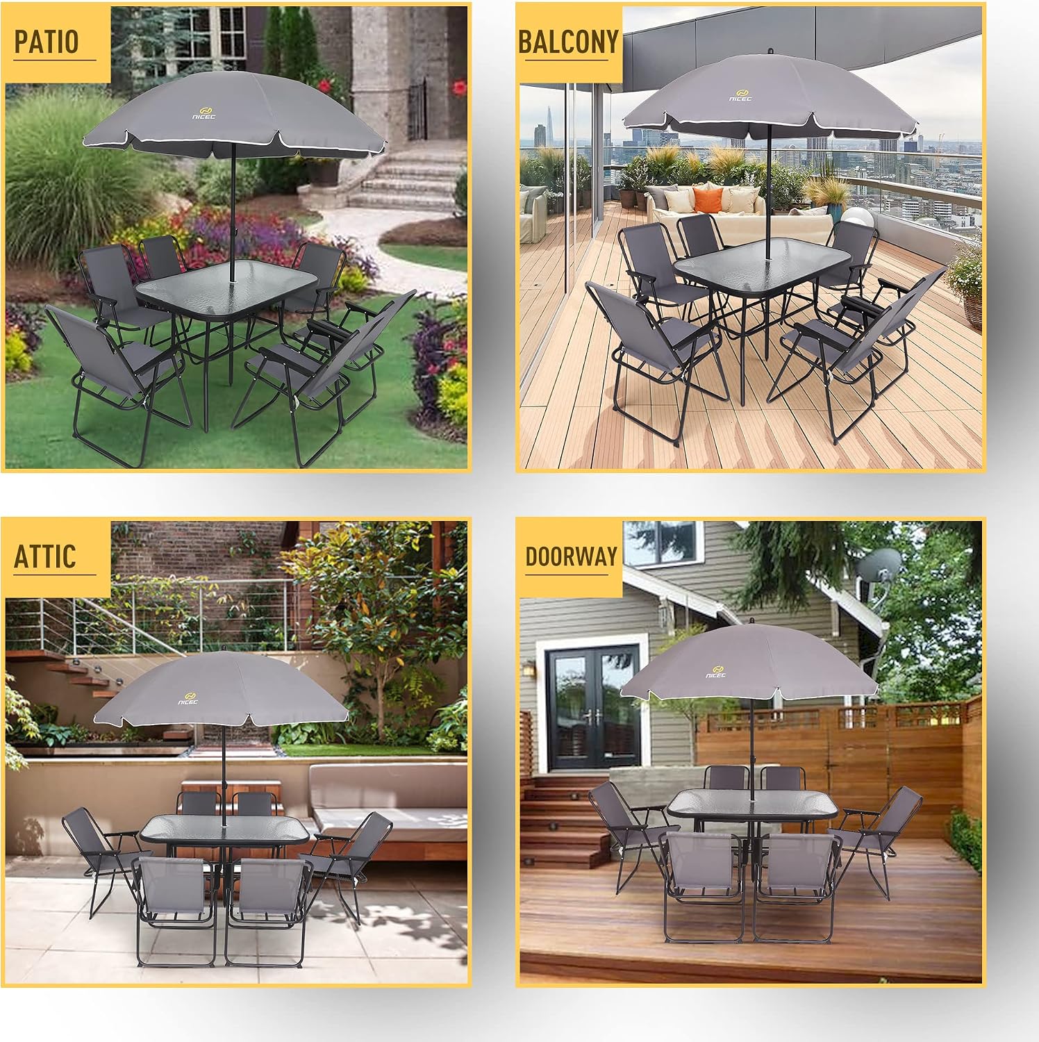 Nice C Outdoor Dining Sets, Patio Furniture Set, 8 Piece Set with Umbrella, Garden Outdoor Furniture Table Set with Removable Umbrella, Glass Table, and 6 Folding Chairs (Grey)