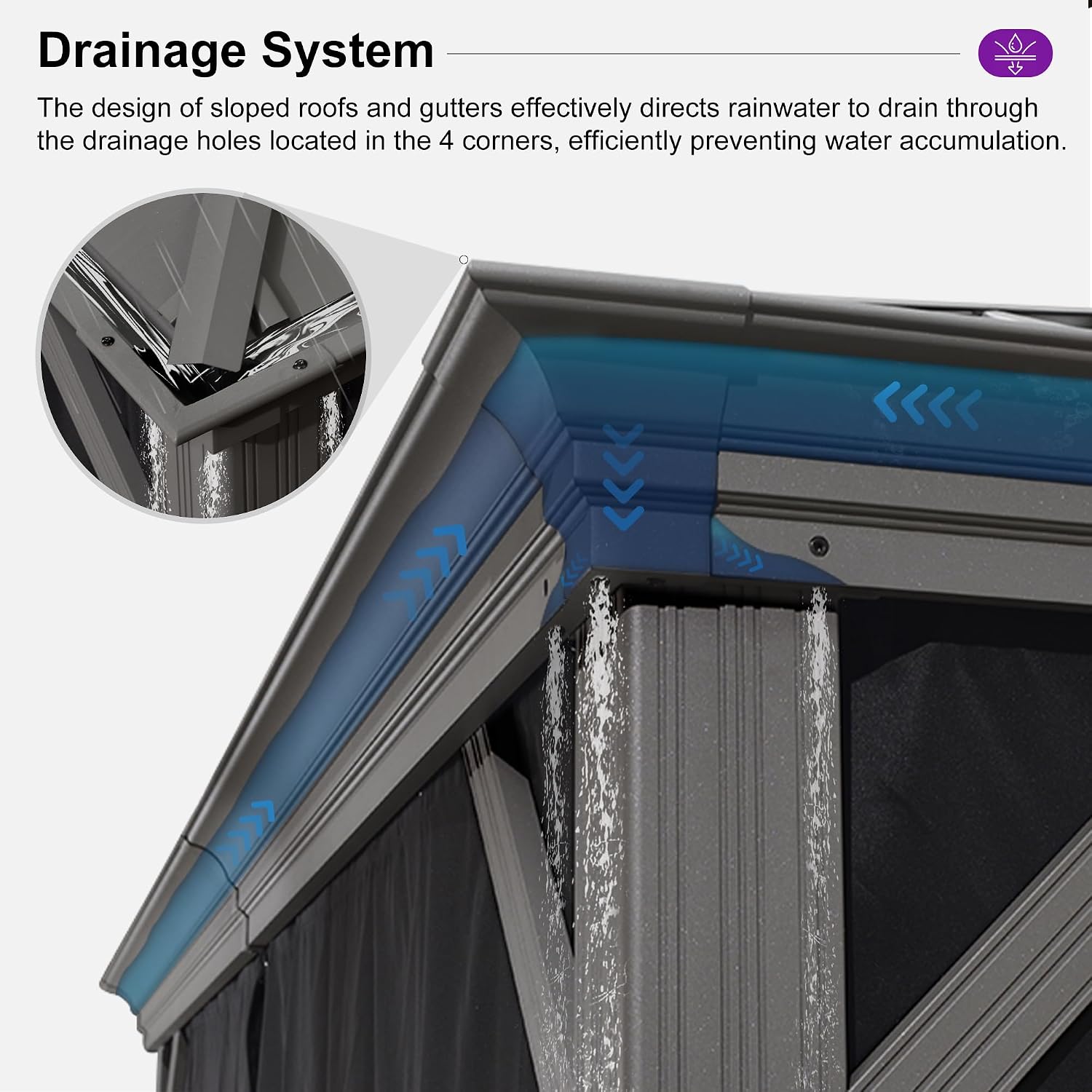 PURPLE LEAF 13' X 13' Hardtop Aluminum Gazebo with Netting and Curtains Heavy Duty Permanent Gazebo with Double Metal Roof for Patio Deck Lawn Garden All Weather Outdoor Pavilion Gazebos, Light Grey