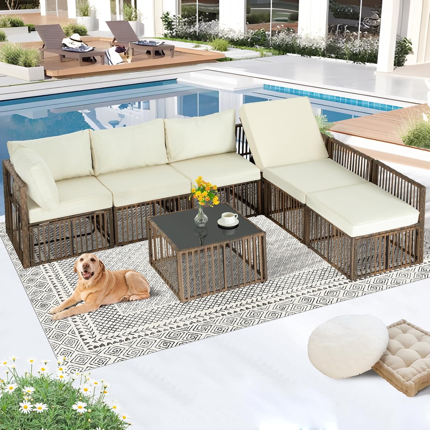 FHFO 7 Pieces Outdoor Patio Furniture Set, Wicker Outdoor Sectional Conversation Couch Set with Adjustable Backrest Sofa, Thick Cushion & Coffee Table for Garden, Porch, Poolside, Brown/Beige