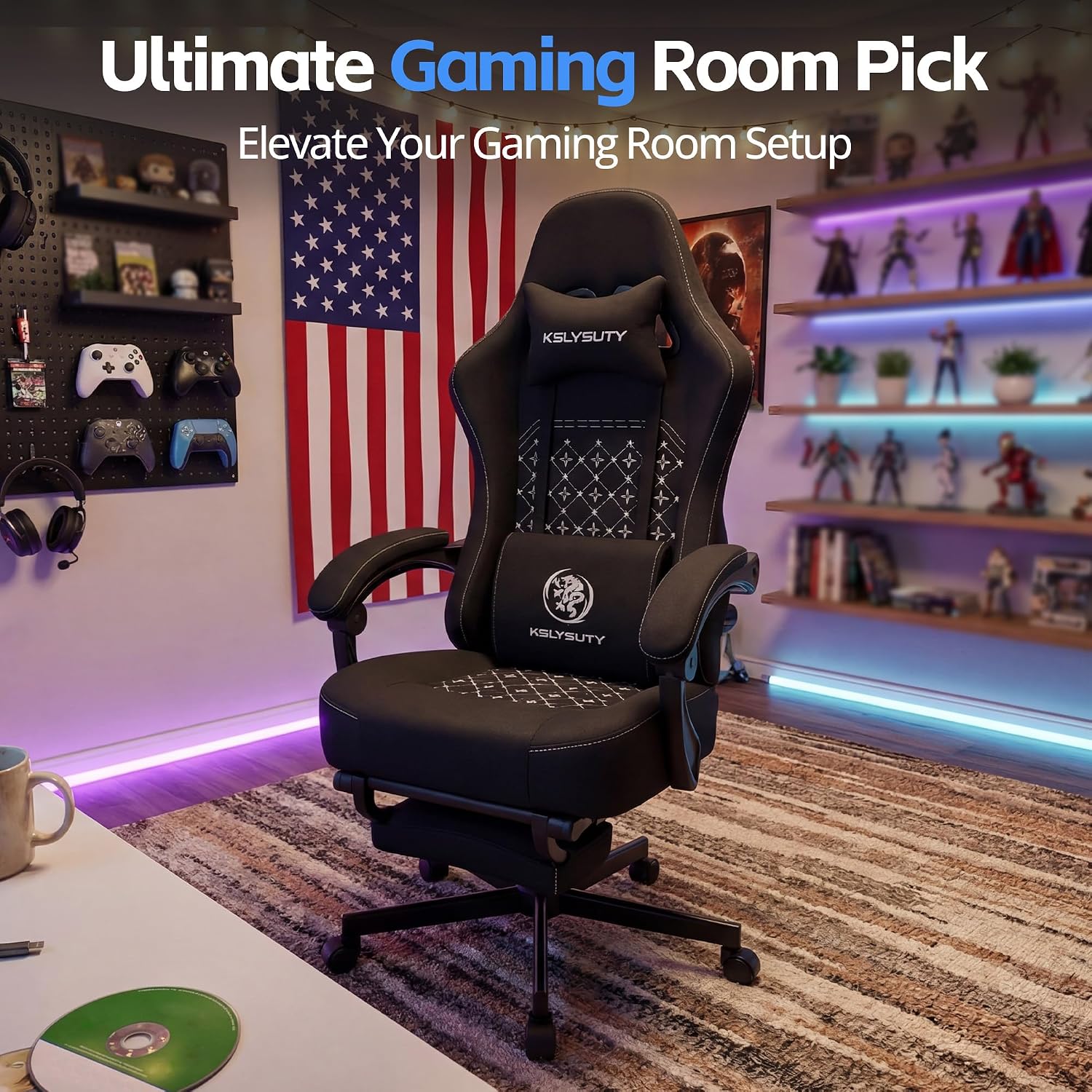 Gaming Chair Breathable Fabric with Pocket Spring Cushion, Wide and High Ergonomic Office Chair with Headrest, Computer Gaming Chair with Footrest for Adult and Teen (Black Fabric)