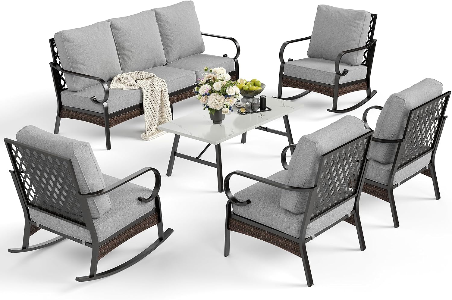 SUNSHINE VALLEY 6 Piece Metal Outdoor Patio Furniture Set, Patio Conversation Set with 1 3-Seater and 2 Fixed Sofas, 2 Rocking Sofas with 5.75' Cushion & Coffee Table, Black and Light Gray