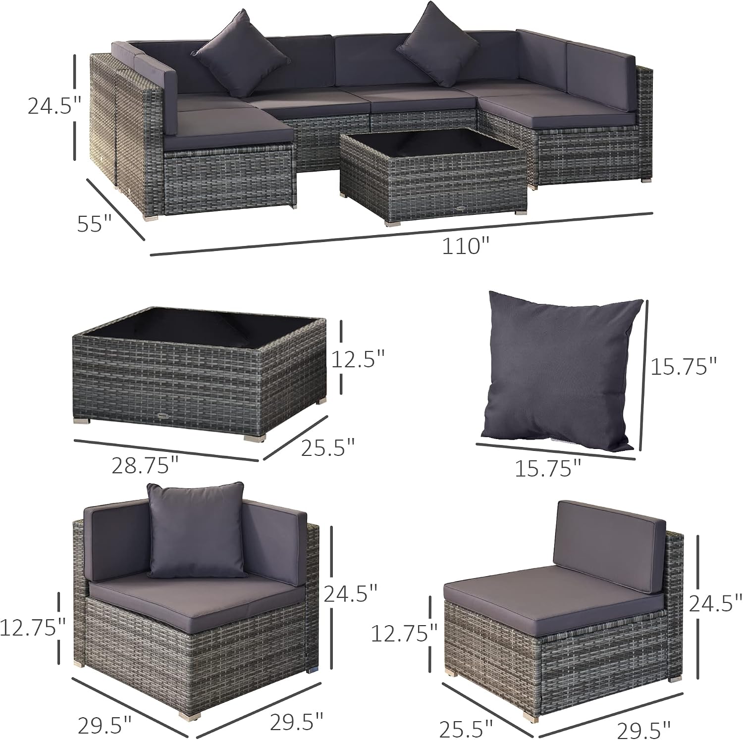 Outsunny 7-Piece Patio Furniture Sets Outdoor Wicker Conversation Sets All Weather PE Rattan Sectional Sofa Set with Cushions & Tempered Glass Desktop, Grey