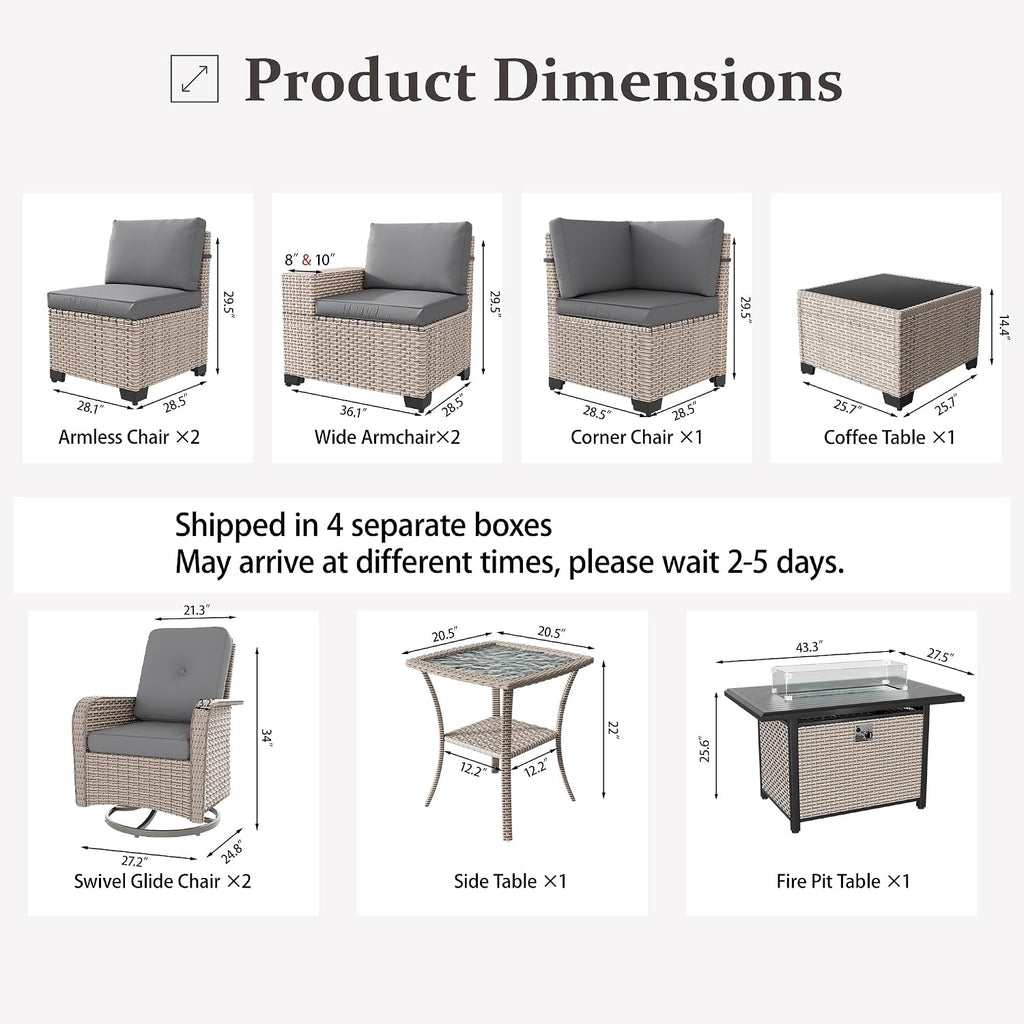 10 Pieces Patio Furniture Set with Fire Pit Table, Outdoor Sectional Wicker Sofa with Thick Cushions, High Back Swivel Rocker Patio Chairs, Rattan Conversation Set with Coffee Table, Grey