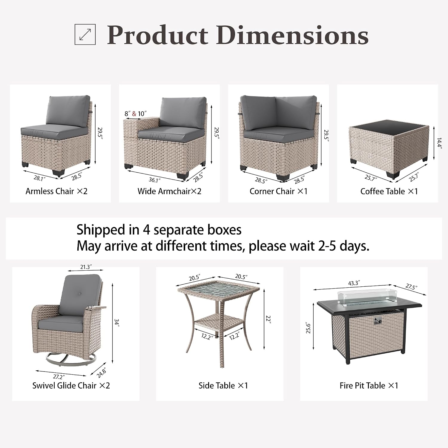 10 Pieces Patio Furniture Set with Fire Pit Table, Outdoor Sectional Wicker Sofa with Thick Cushions, High Back Swivel Rocker Patio Chairs, Rattan Conversation Set with Coffee Table, Grey