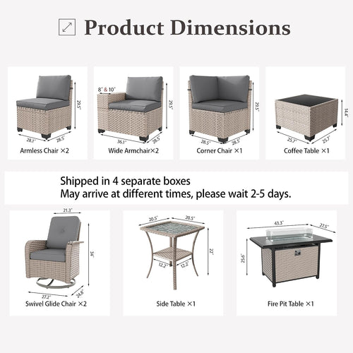10 Pieces Patio Furniture Set with Fire Pit Table, Outdoor Sectional Wicker Sofa with Thick Cushions, High Back Swivel Rocker Patio Chairs, Rattan Conversation Set with Coffee Table, Grey