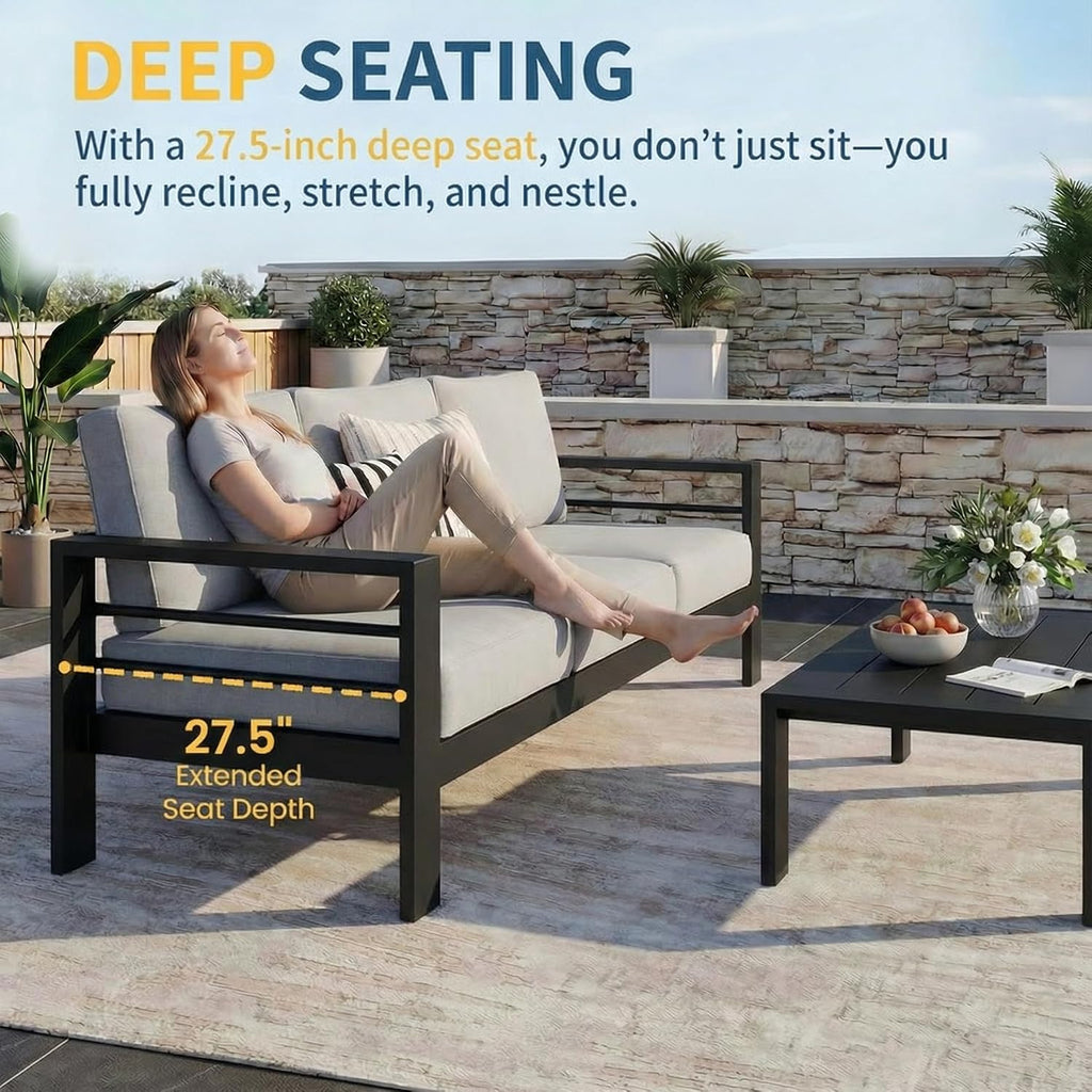 Solaste Aluminum Patio Furniture Set for All Weather, Oversized Outdoor Furniture Set with 27.5' Deep Seating and 3.2' Wide Armrest, Outdoor Patio Conversation Sets with 5' Cushion,Black and Grey