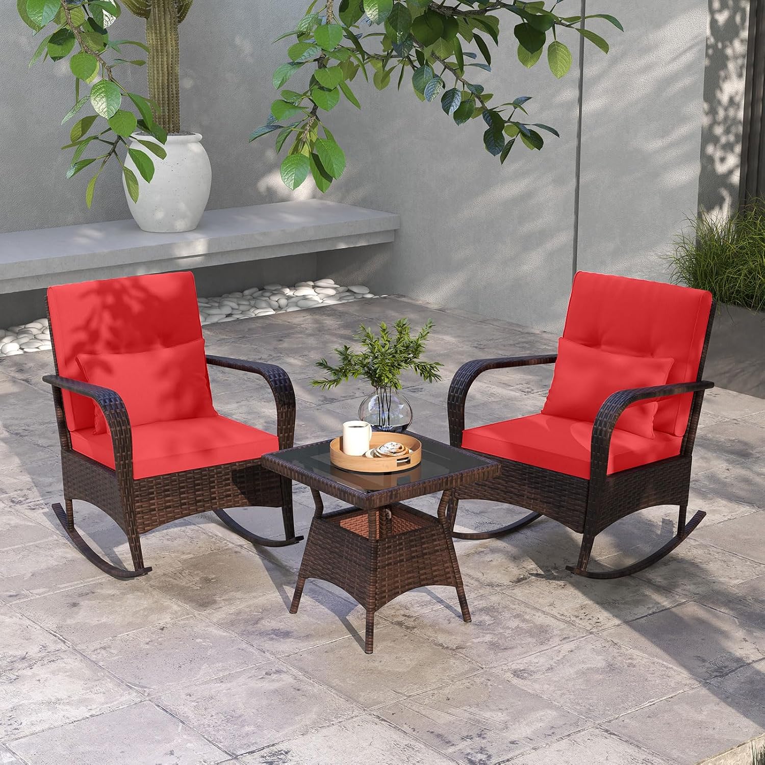 ORALNER 3 Pieces Patio Furniture Set, Outdoor Wicker Rocking Chairs with Cushions, Pillows, Glass Coffee Table, Rattan Bistro Rocker Set for Balcony Front Porch Poolside Garden Deck Yard (Red)