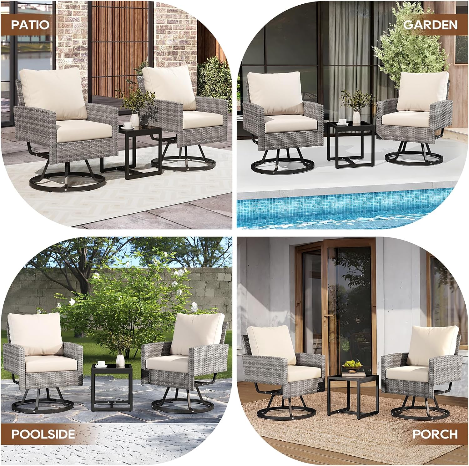Outdoor Swivel Chair Set of 2, 3 Pcs Rattan Patio Furniture Set, Patio Bistro Set with Side Table for Porch Garden Lawn Balcony Backyard (Gray & Beige)