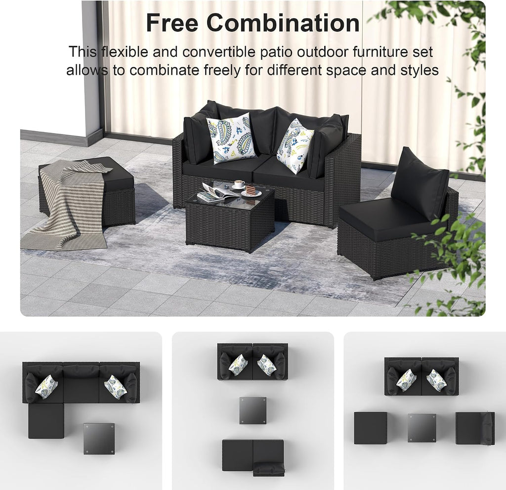 GOJOOASIS Patio Furniture Set Outdoor Sectional Sofa with Ottoman Wicker Couch Rattan Modular Seating Conversation Sets Porch Decor for Backyard, Balcony, Garden (Black)