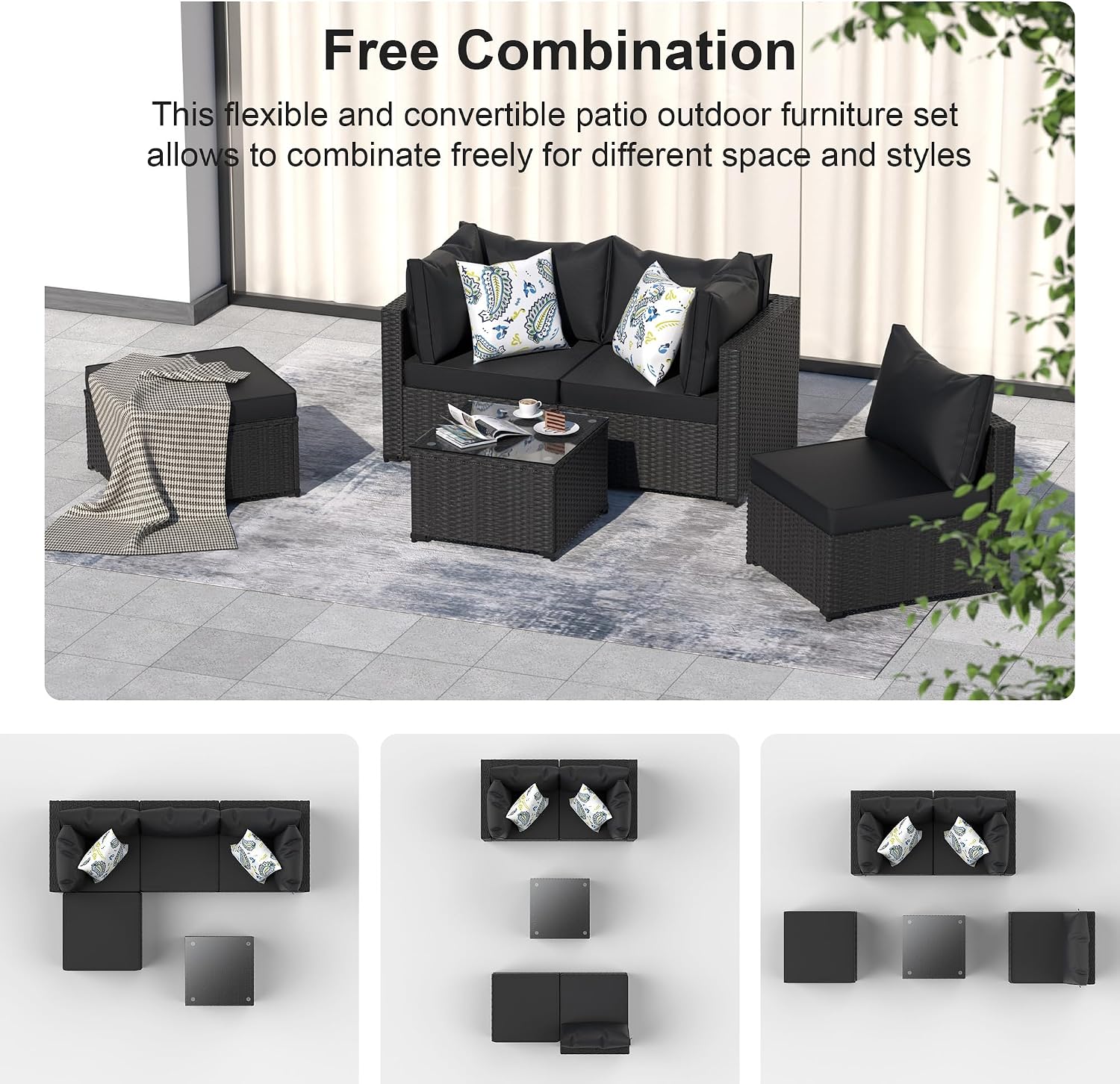 GOJOOASIS Patio Furniture Set Outdoor Sectional Sofa with Ottoman Wicker Couch Rattan Modular Seating Conversation Sets Porch Decor for Backyard, Balcony, Garden (Black)