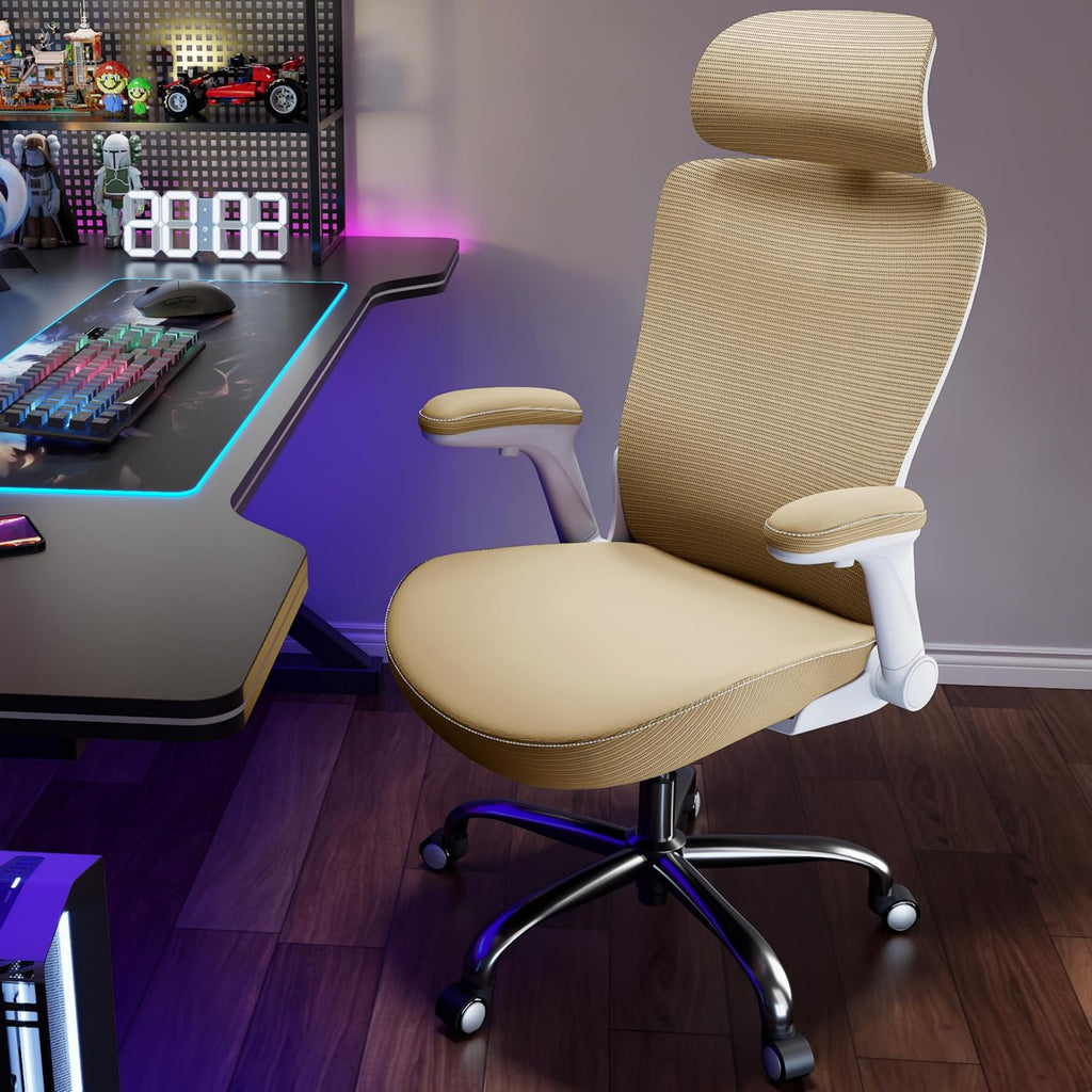 Ergalithic Office Home Ergonomic Desk Chair-Computer X-Shaped Chair Mesh PU Leather with Adjustable Lumbar Support-Executive Chair High Back with Headrest Flip-Up Arms for Long Hours (Khaki)