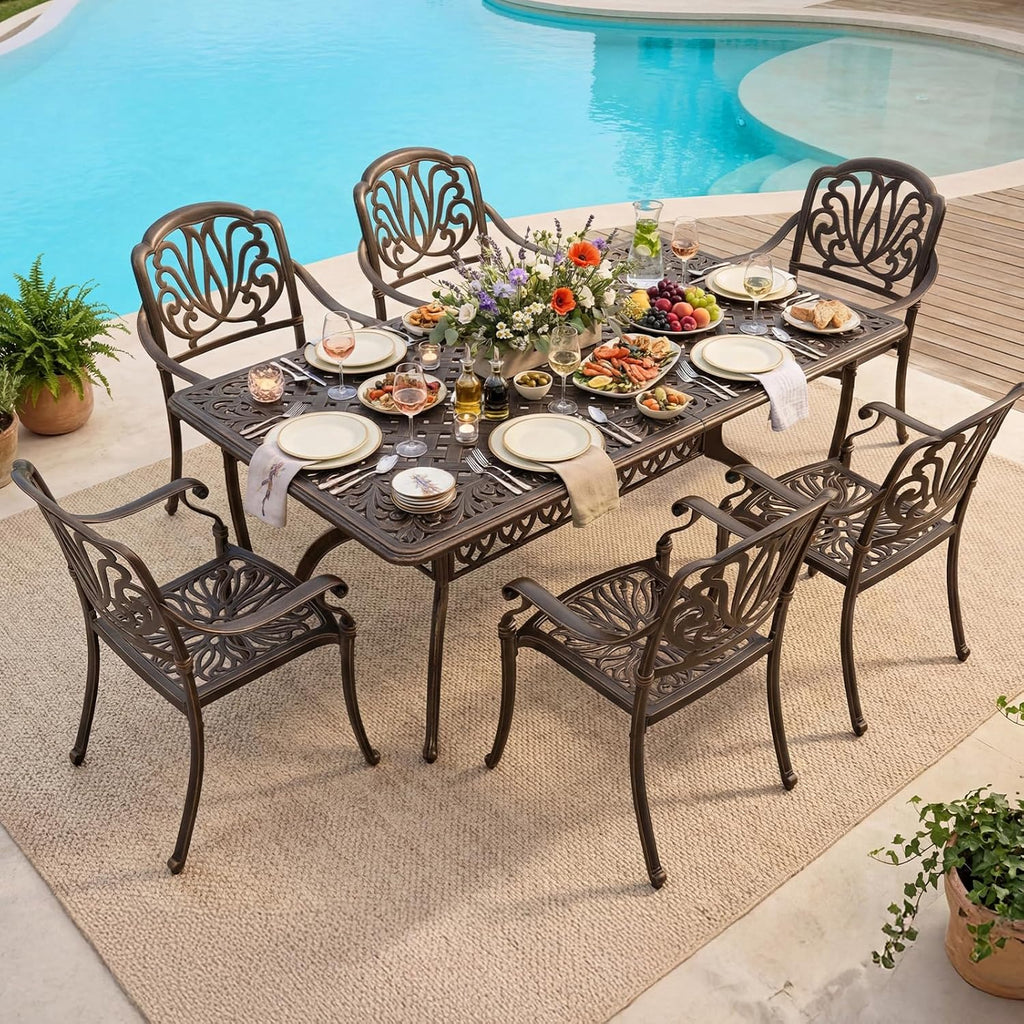 VINGLI 7-Piece Outdoor Dining Set, Cast Aluminum Patio Furniture Set for 6 with Umbrella Hole, Rectangular Outdoor Dining Table & 6 Stackable Chairs, All-Weather Garden/Poolside Dining Set Bronze
