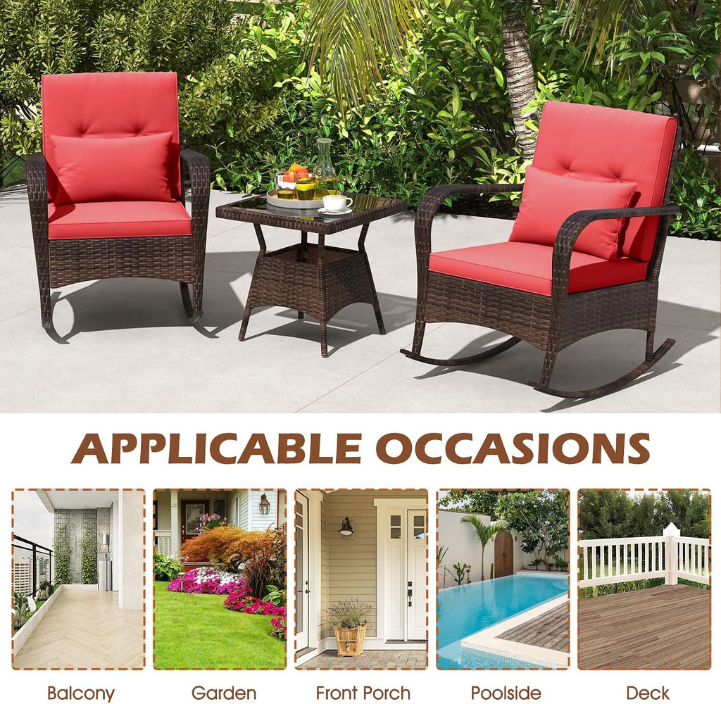 ORALNER 3 Pieces Patio Furniture Set, Outdoor Wicker Rocking Chairs with Cushions, Pillows, Glass Coffee Table, Rattan Bistro Rocker Set for Balcony Front Porch Poolside Garden Deck Yard (Red)