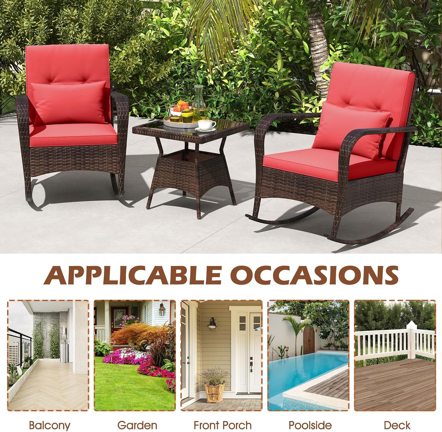 ORALNER 3 Pieces Patio Furniture Set, Outdoor Wicker Rocking Chairs with Cushions, Pillows, Glass Coffee Table, Rattan Bistro Rocker Set for Balcony Front Porch Poolside Garden Deck Yard (Red)