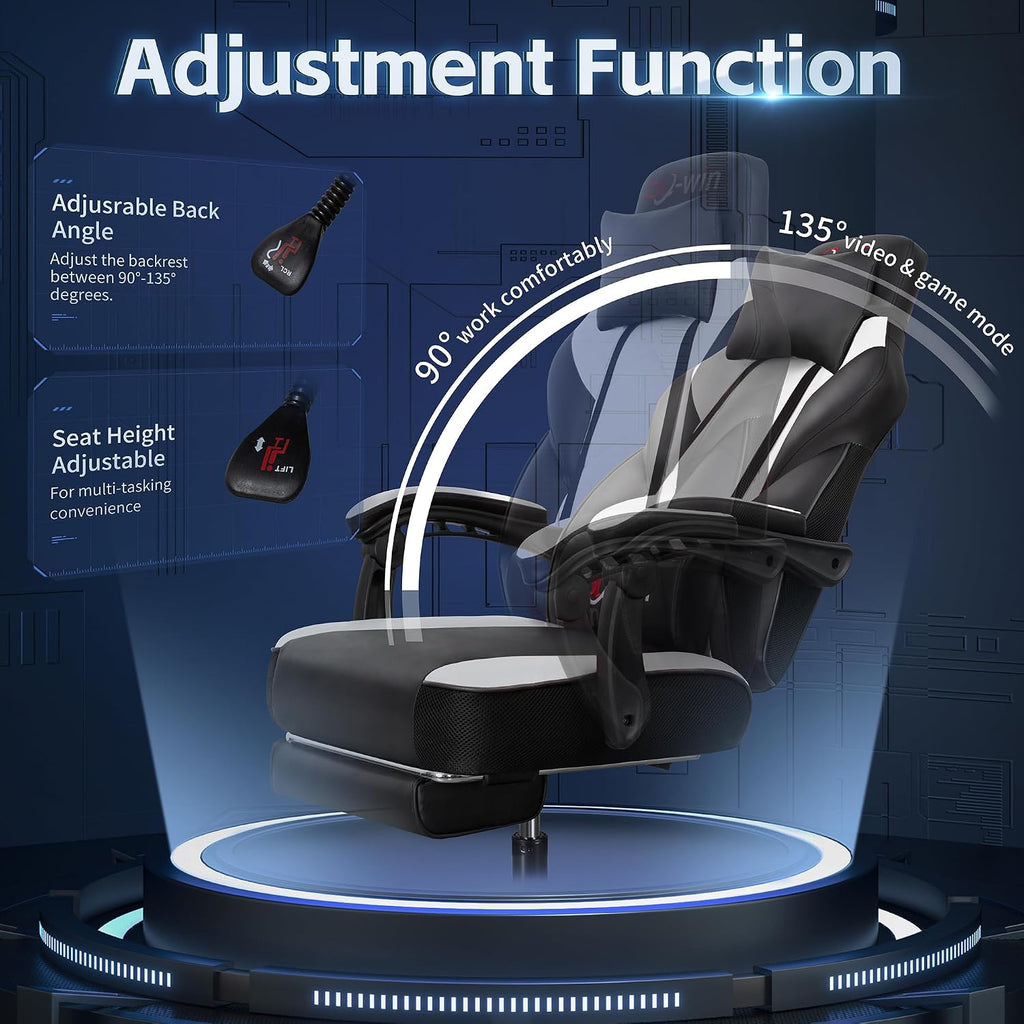 DL-win Video Gaming Chair for Adults, Computer Chair with Footrest and Ergonomic High Back, Big and Tall Gamer Chair with Massage Lumbar Support, 360° Swivel Height Adjustable Computer Chair, White