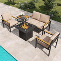 5-Piece Patio Furniture Set with 28' Propane Fire Pit Table, Heavy-Duty Metal Outdoor Conversation Set with Deep Cushions & Wood-Like Armrests for Patio, Porch, Backyard, Garden – Brown