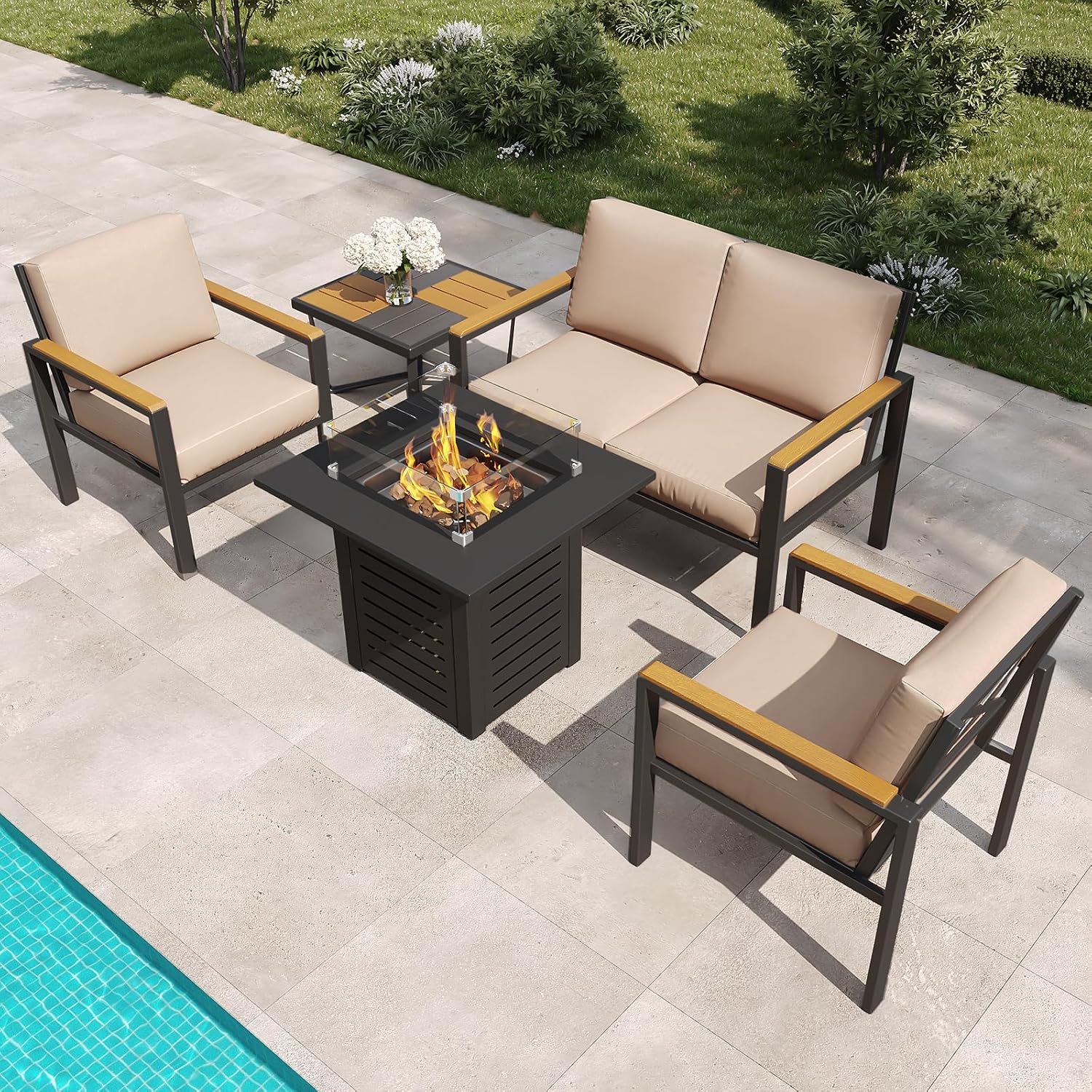 5-Piece Patio Furniture Set with 28' Propane Fire Pit Table, Heavy-Duty Metal Outdoor Conversation Set with Deep Cushions & Wood-Like Armrests for Patio, Porch, Backyard, Garden – Brown