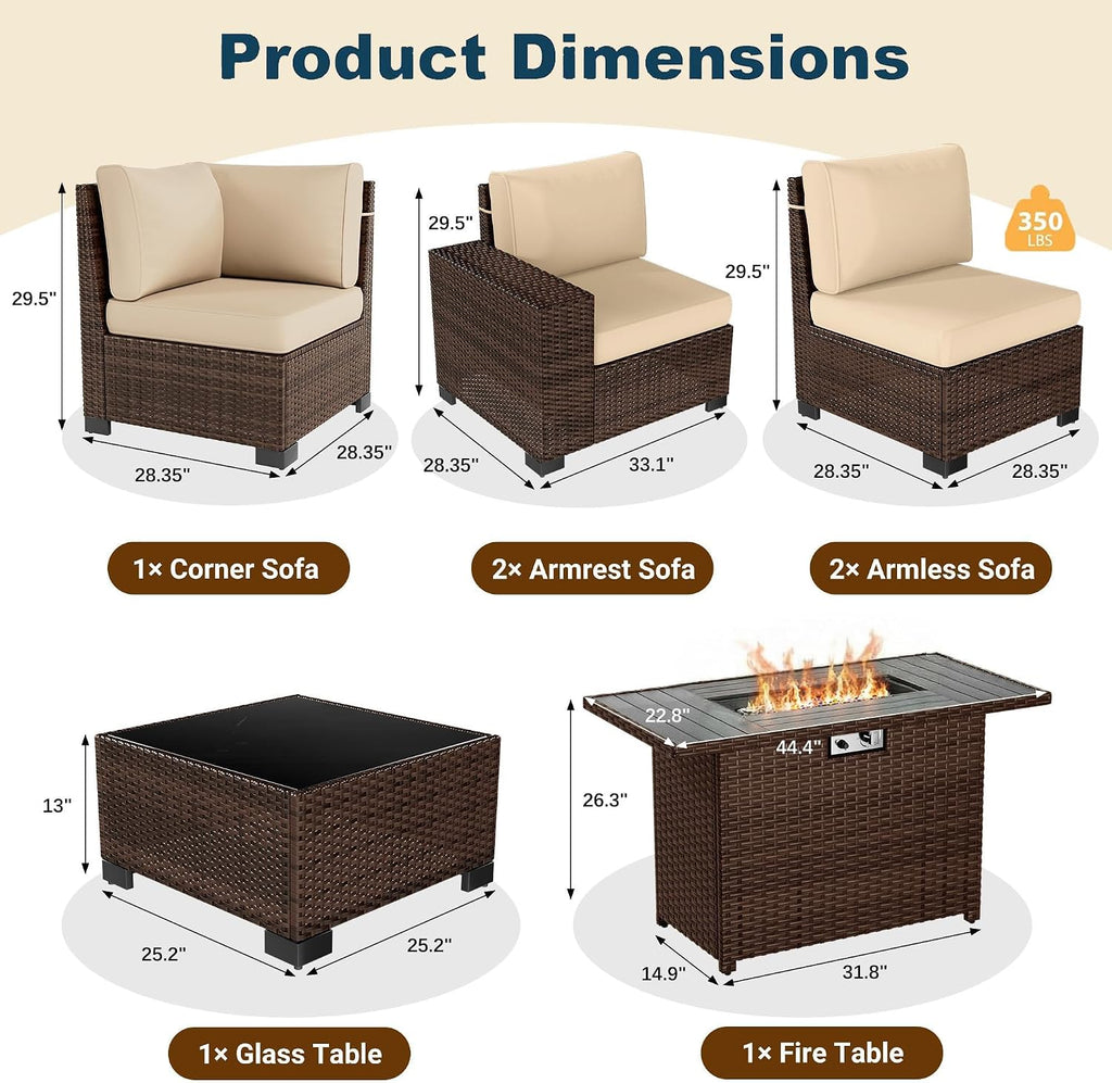7 Piece Patio Furniture Set with Fire Pit Table, Outdoor Conversation Sets Wicker Rattan Sectional Sofa with Coffee Table for Patio Garden Backyard, 4'' Thickened Cushion Beige