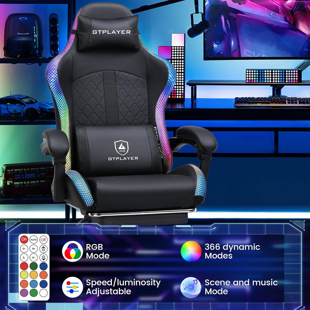 GTPLAYER RGB Gaming Chair with Speakers, Computer Gamer Chair with Footrest and LED Lights, PC Gaming Chairs for Adults, High Back Reclining Office Chairs, Linkage Armrest (Black)