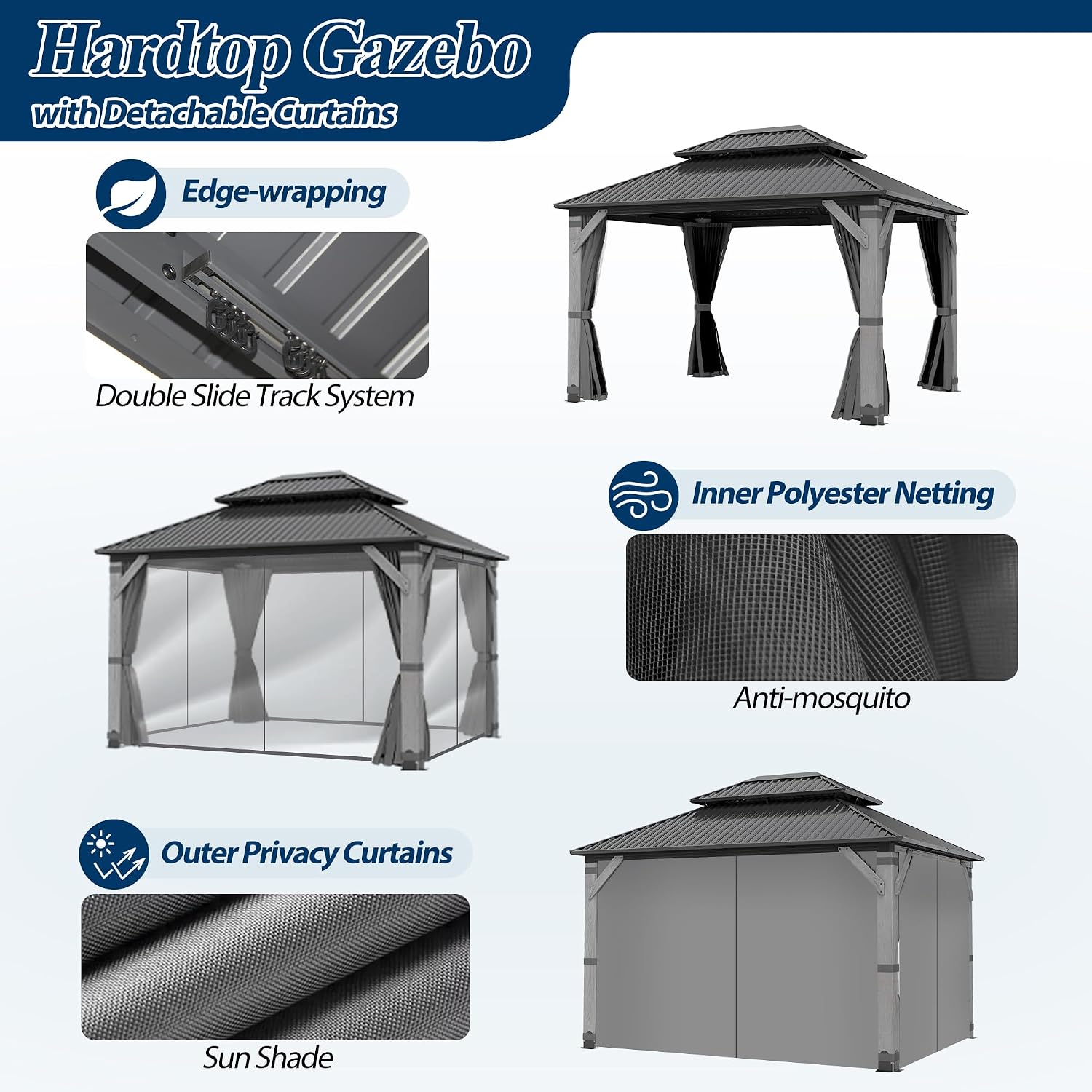 COVERONICS 10'x12' Outdoor Wood Gazebo - Hardtop Wooden Gazebo with Galvanized Steel Roof, Heavy-Duty Pavilion with Netting & Curtains for Garden, Poolside, Deck, Backyard