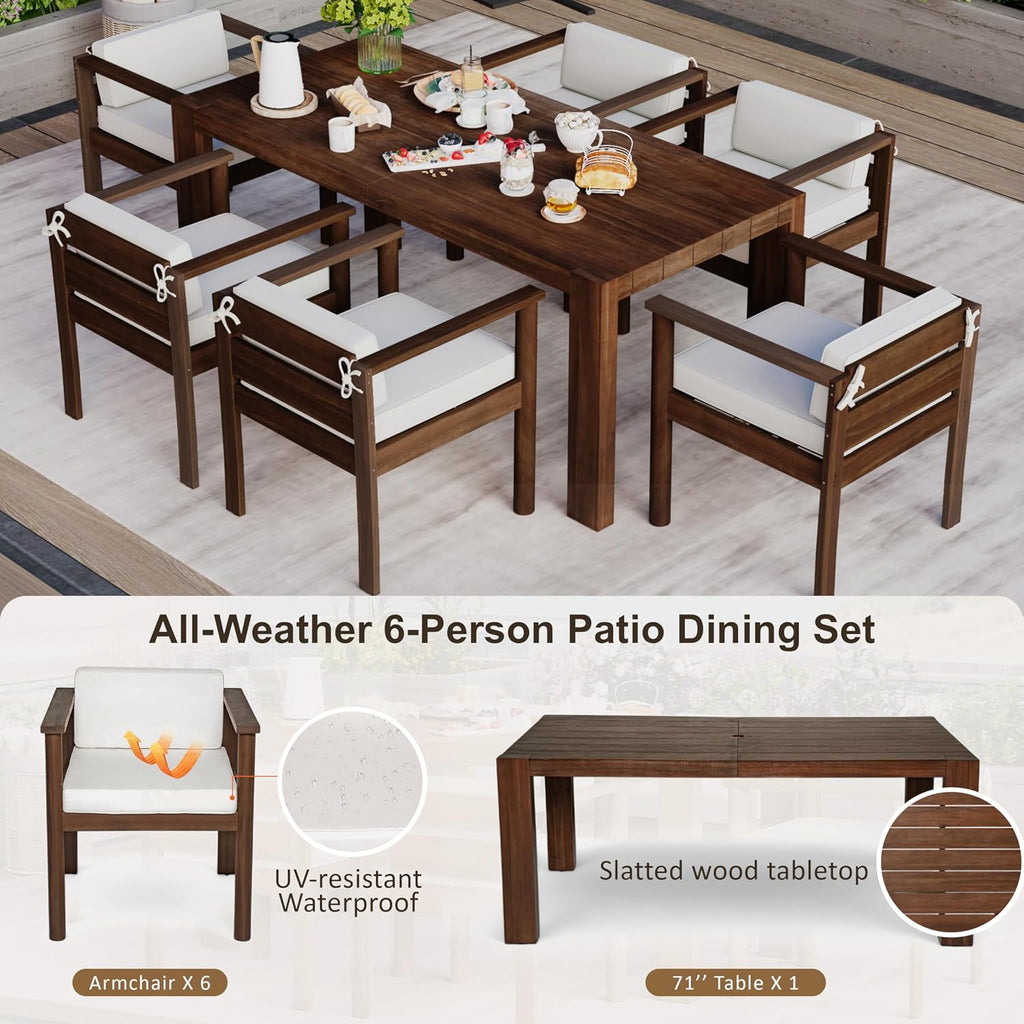 Merax 7-Piece Patio Dining Table Set,Outdoor Furniture Set with 72.8' Rectangle Table & 6 Chairs,Adjustable Leveling Feet,Umbrella Hole for Backyard,Garden,Poolside,Brown+ Beige