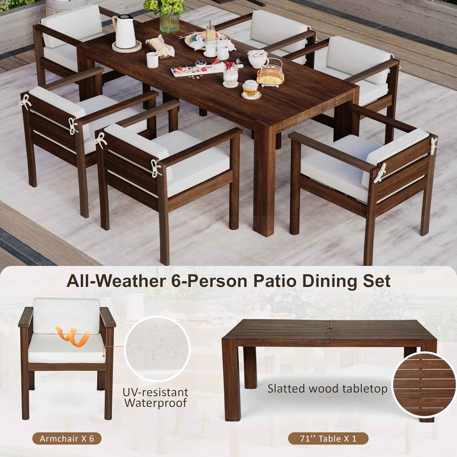 Merax 7-Piece Patio Dining Table Set,Outdoor Furniture Set with 72.8' Rectangle Table & 6 Chairs,Adjustable Leveling Feet,Umbrella Hole for Backyard,Garden,Poolside,Brown+ Beige