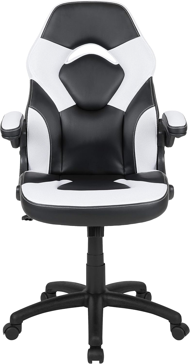 Flash Furniture X10 High-Back LeatherSoft Racing Style Gaming Chair with Flip-Up Arms, Ergonomic Padded Swivel Computer Chair, White/Black