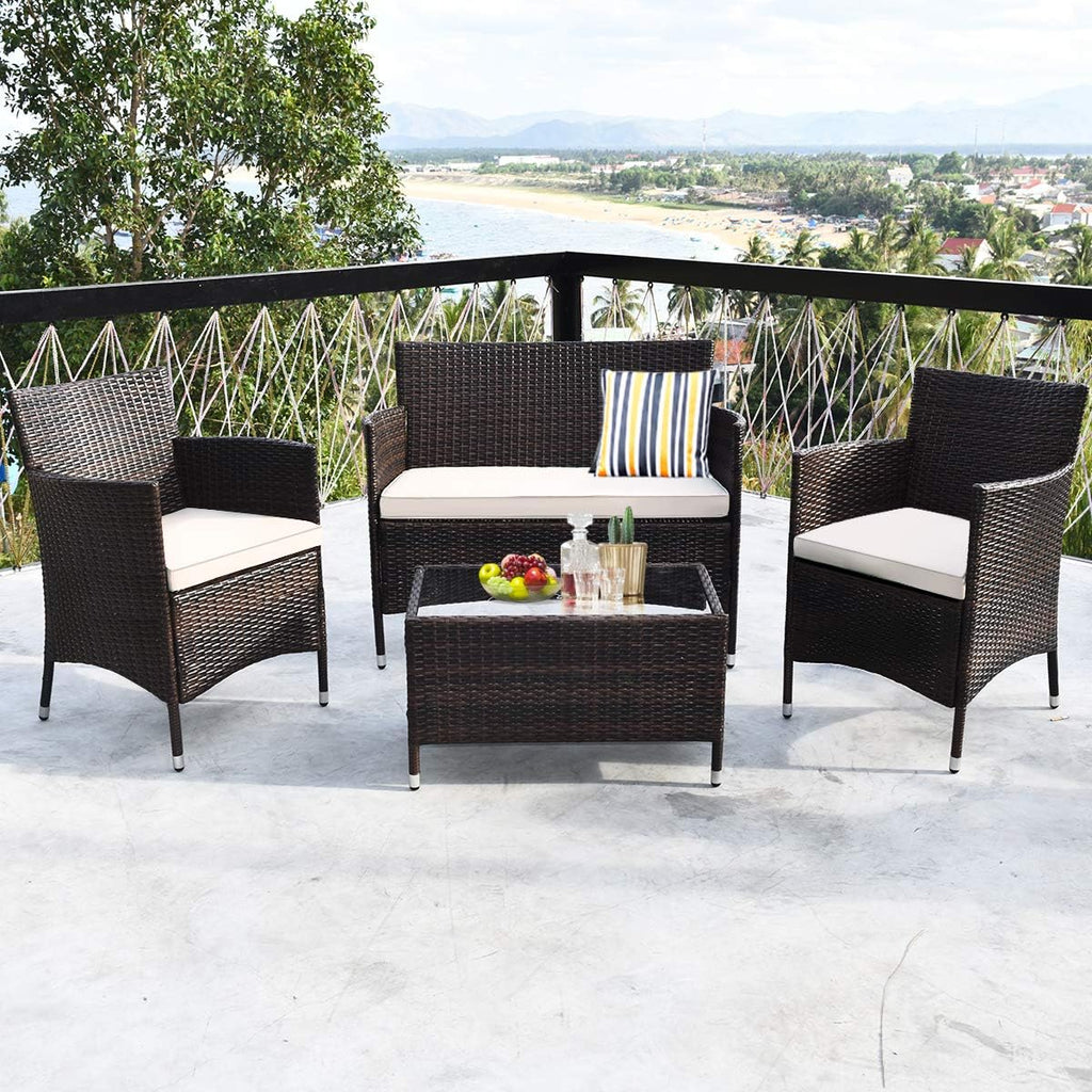 Tangkula 8 PCS Patio Rattan Conversation Set, Outdoor Wicker Furniture Set with Tempered Glass Coffee Table &Thick Cushion, Rattan Chair Wicker Set for Garden, Lawn, Poolside and Backyard (2, Brown)