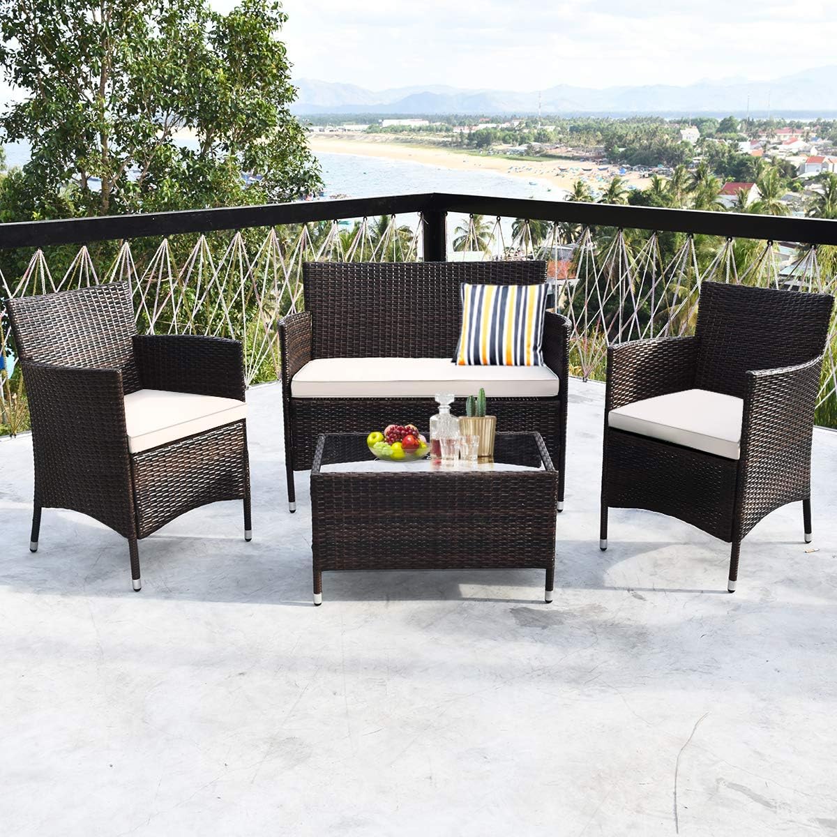 Tangkula 8 PCS Patio Rattan Conversation Set, Outdoor Wicker Furniture Set with Tempered Glass Coffee Table &Thick Cushion, Rattan Chair Wicker Set for Garden, Lawn, Poolside and Backyard (2, Brown)