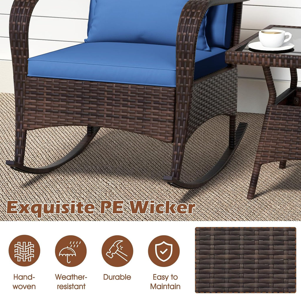 ORALNER 3 Pieces Patio Furniture Set, Outdoor Wicker Rocking Chairs with Cushions, Pillows, Glass Coffee Table, Rattan Bistro Rocker Set for Balcony Front Porch Poolside Garden Deck Yard (Navy)