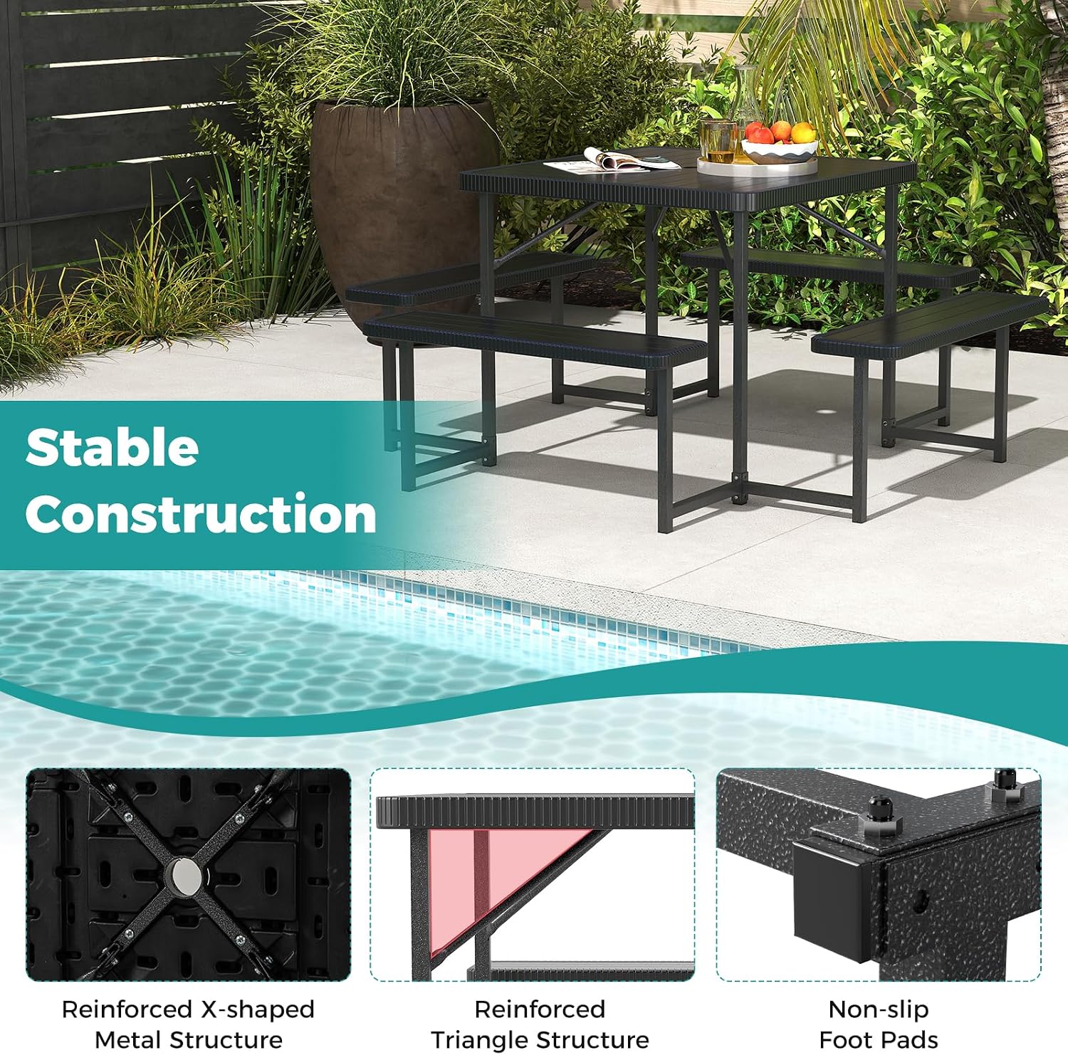 Giantex Picnic Table Bench Set for 4-8 People, 34' Outdoor Square Dining Table & 2 Benches w/Umbrella Hole, HDPE Tabletop, Metal Frame, Patio Camping Furniture for Backyard Porch Lawn (Black,Square)
