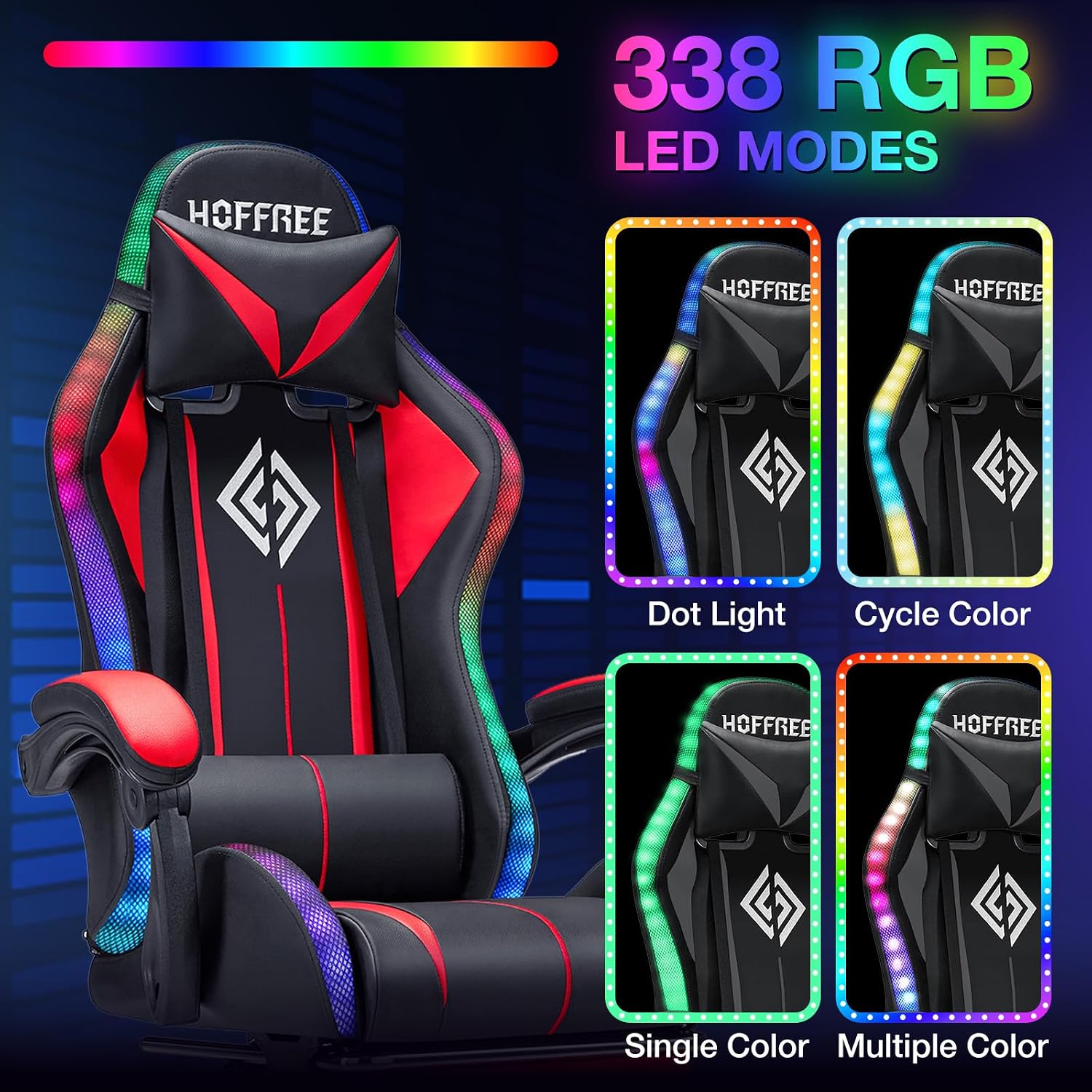 RGB Gaming Chair with Bluetooth Speakers and LED Lights Ergonomic Massage Computer Game Chair with Footrest High Back Music Video Game Chair with Lumbar Support Red and Black