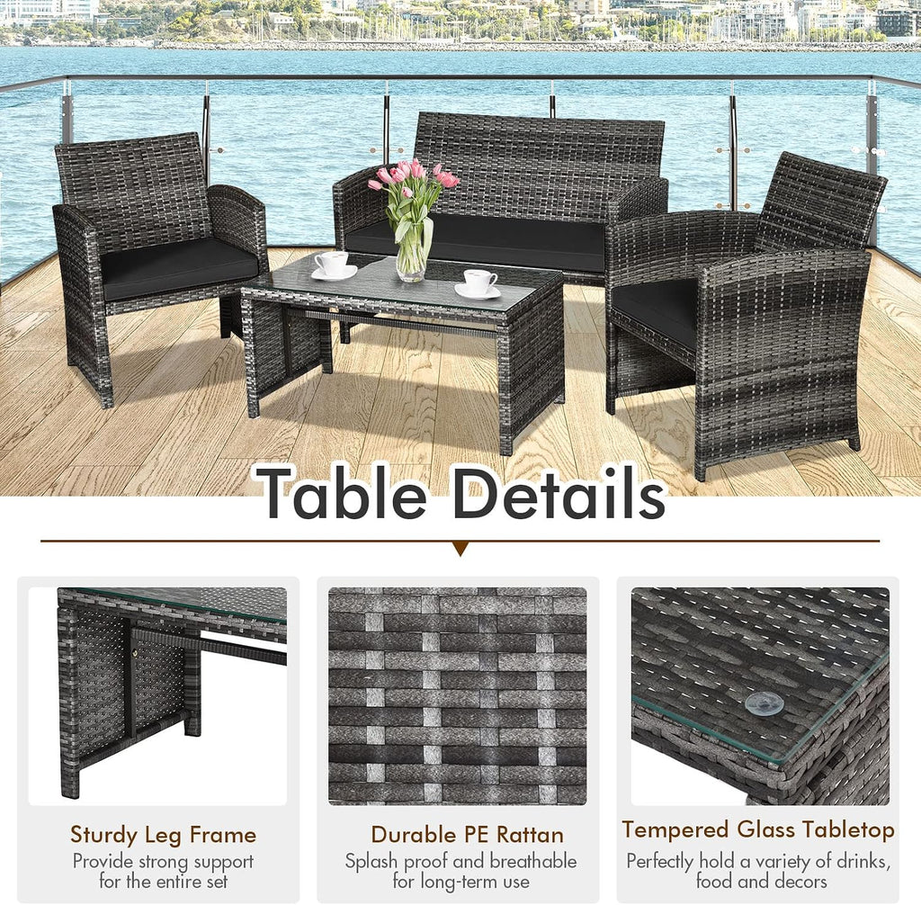 Goplus 4-Piece Rattan Patio Furniture Set, Outdoor Wicker Conversation Sofa with Weather Resistant Cushions and Tempered Glass Tabletop for Lawn Backyard Pool Garden (Black)