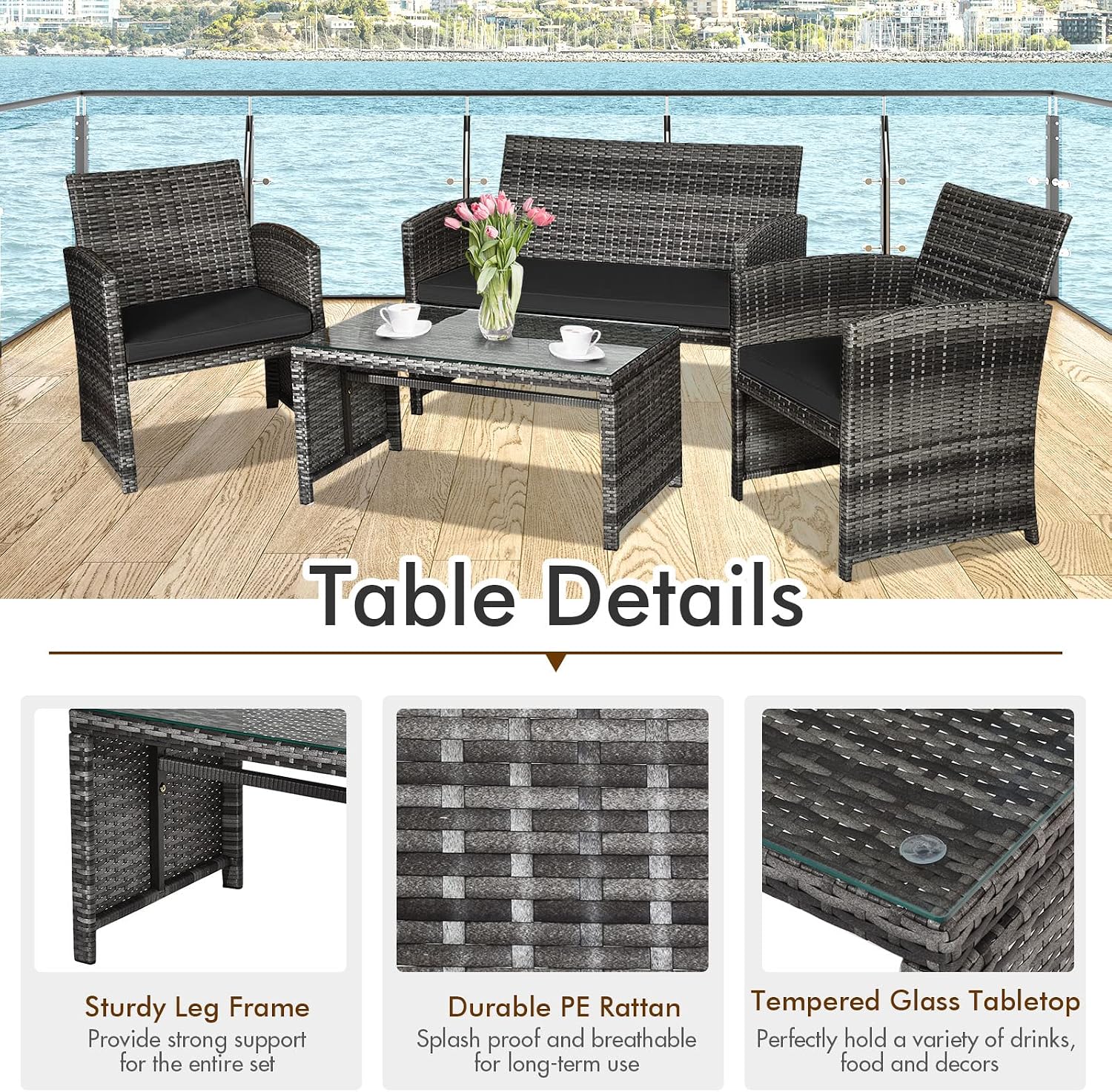 Goplus 4-Piece Rattan Patio Furniture Set, Outdoor Wicker Conversation Sofa with Weather Resistant Cushions and Tempered Glass Tabletop for Lawn Backyard Pool Garden (Black)