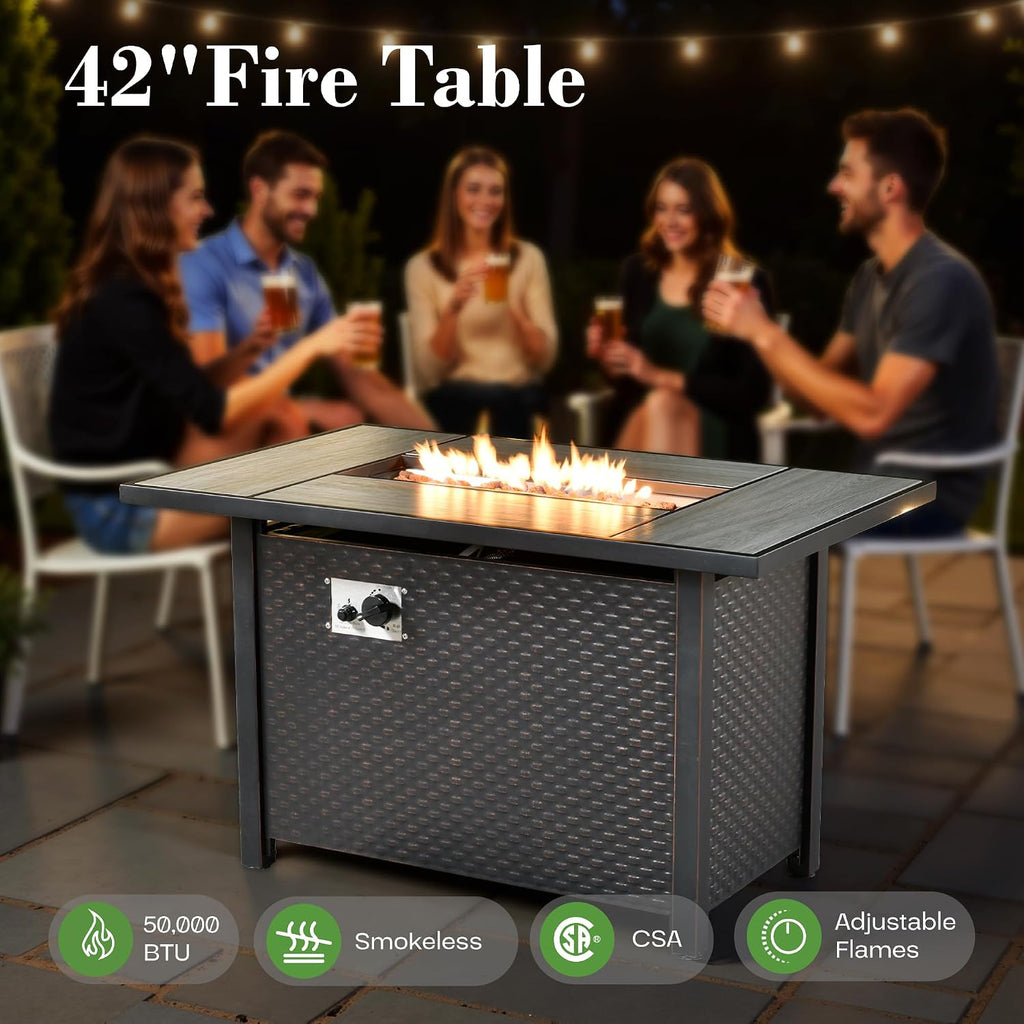 ovios Outdoor 5 Piece Patio Furniture with Fire Pit Table,Wicker Coversation Set with Swivel Rocking Chair,Comfy Sectional Deep Sofa for Outside Porch Balcony Backyard Pool,Dark Grey